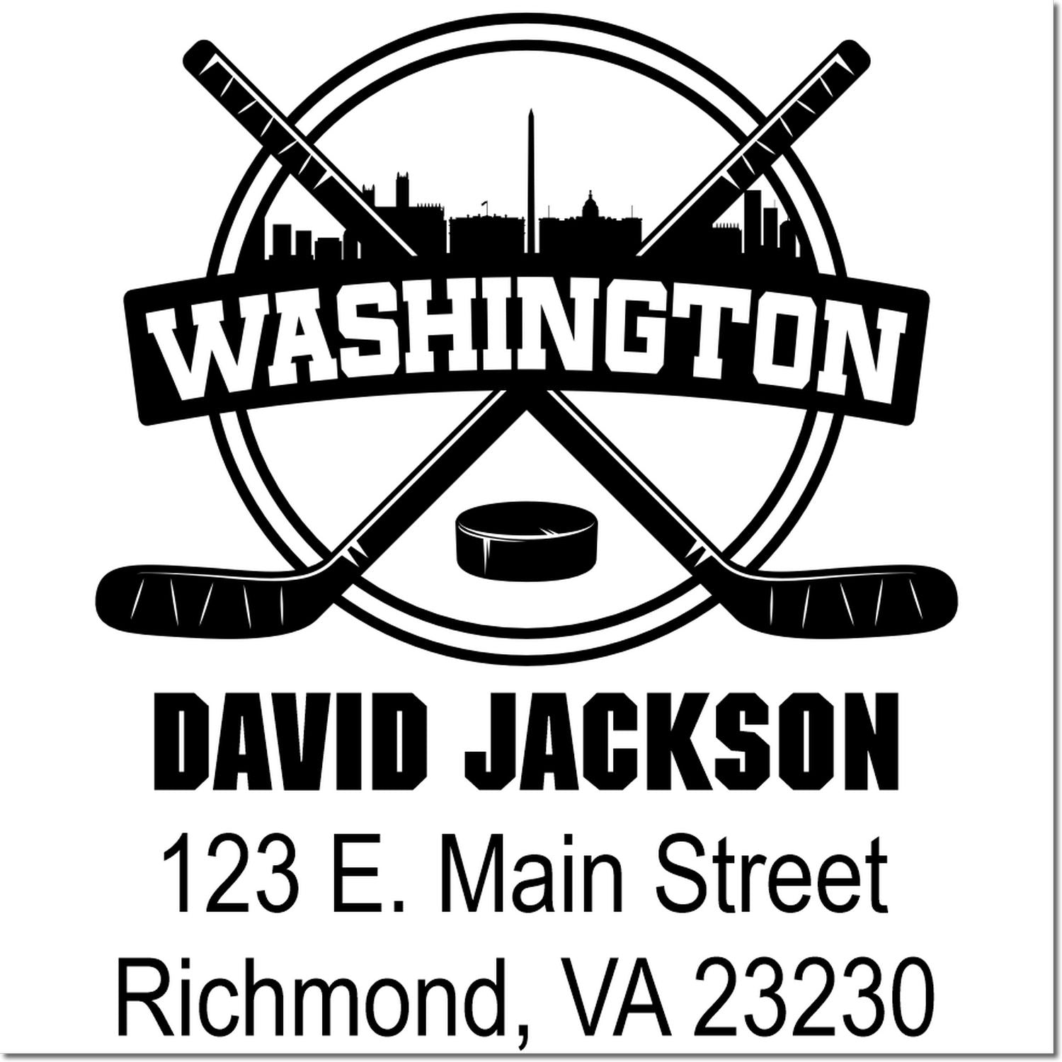 Personalized Washington hockey rubber stamp for David Jackson, 123 E. Main Street, Richmond, VA 23230.