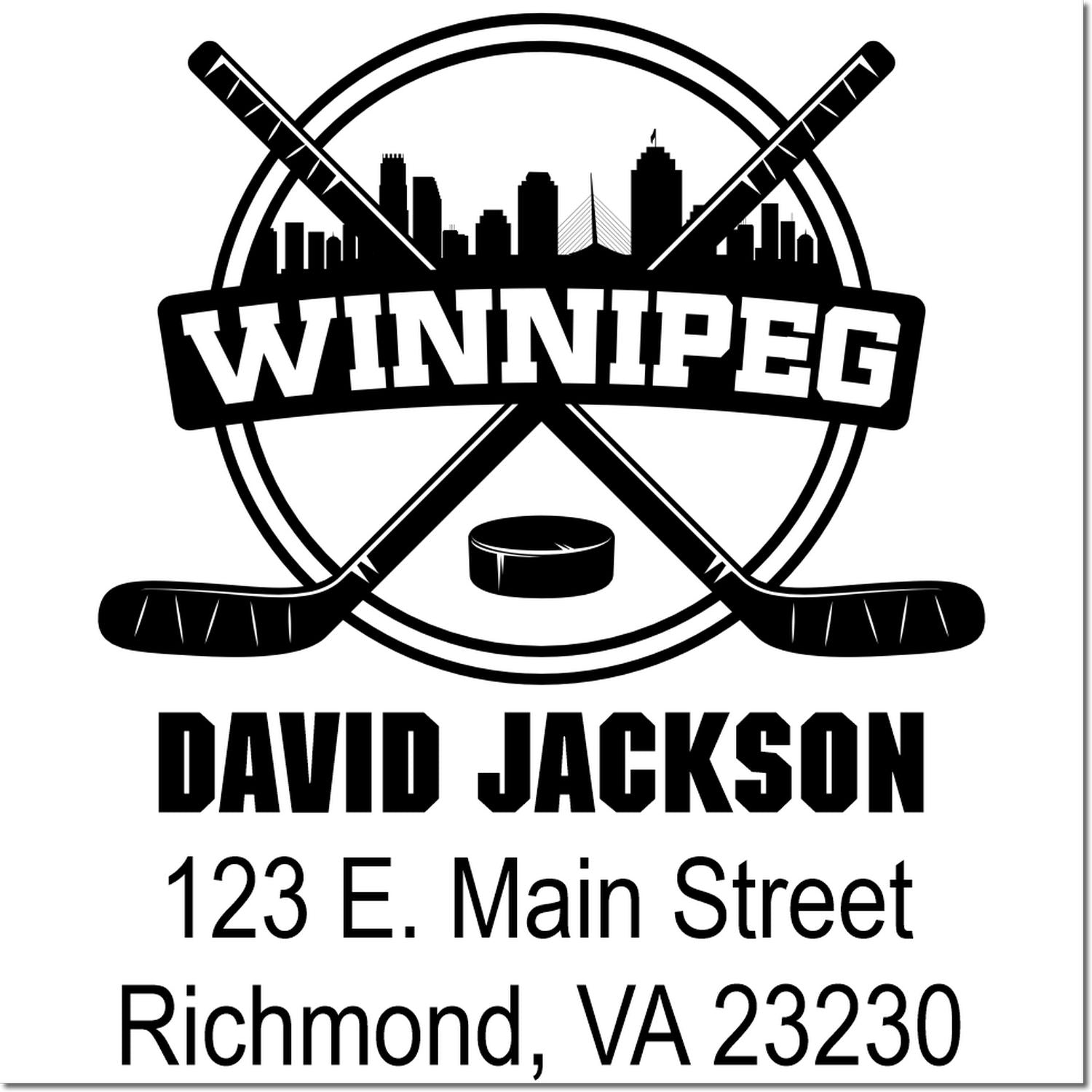 Custom Winnipeg hockey rubber stamp with skyline, crossed sticks, and David Jackson address
