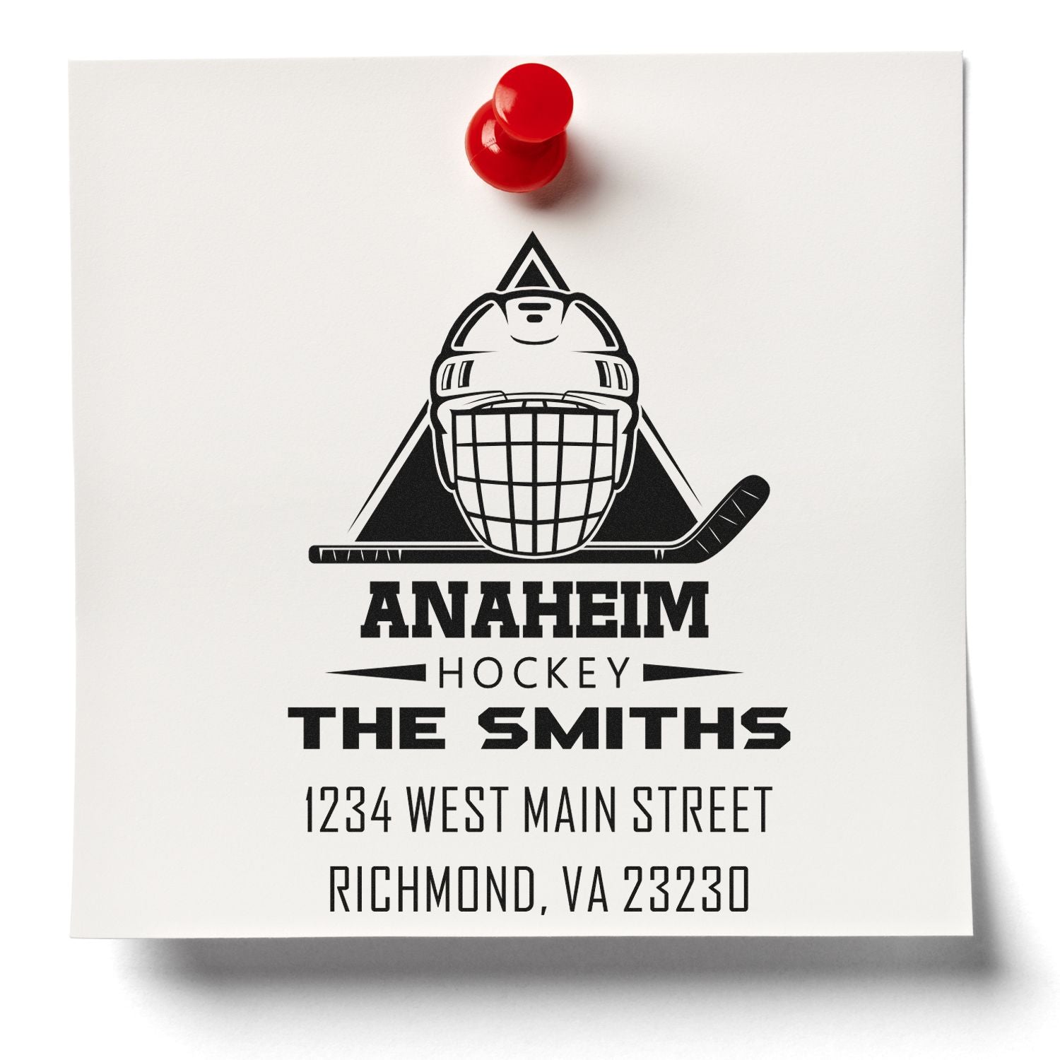 Custom hockey rubber stamp with Anaheim Hockey, The Smiths, and address for personalized stationery and mailing labels.