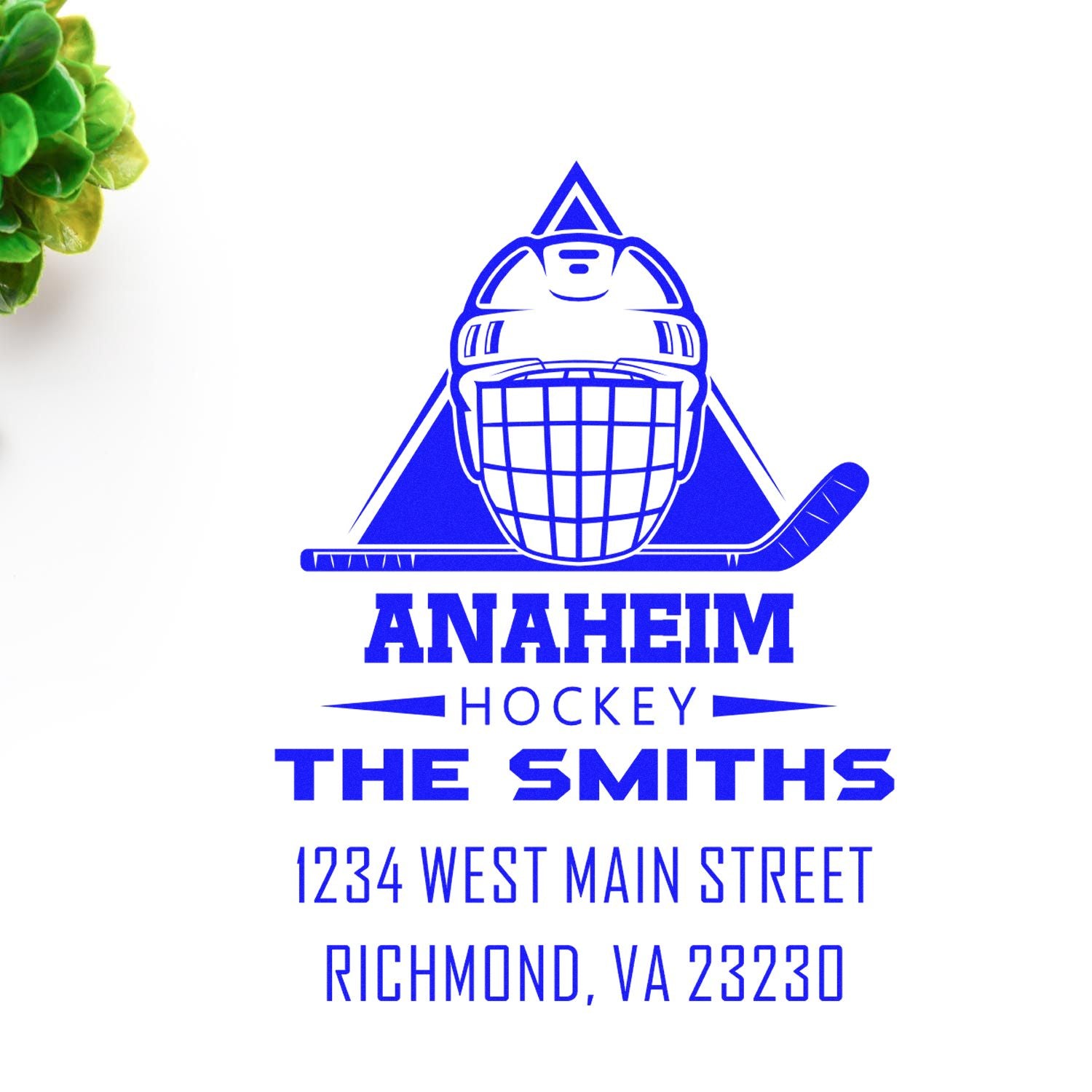 Custom rubber stamp with Anaheim Hockey goalie logo, The Smiths, and Richmond, VA return address.