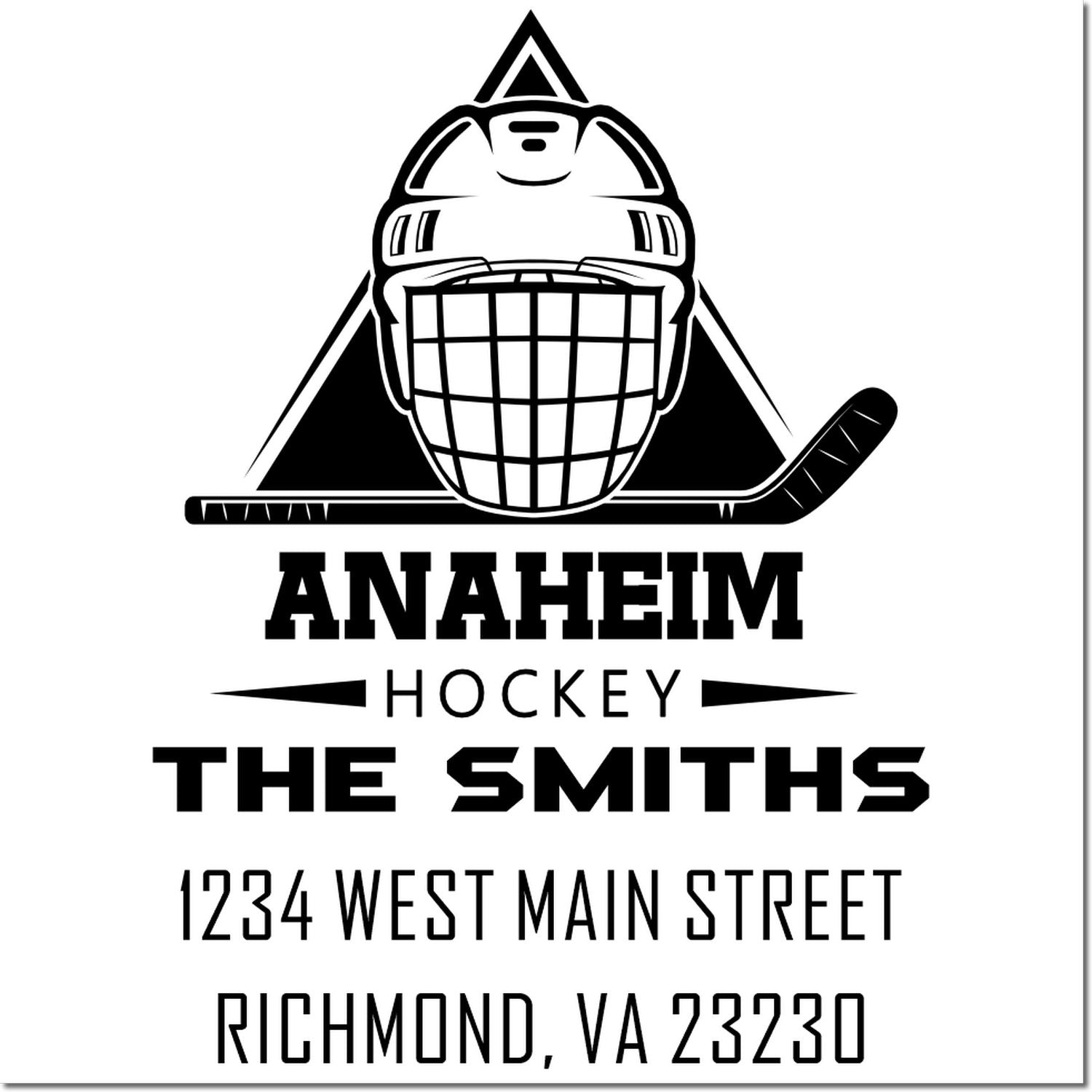 Custom hockey address rubber stamp with goalie mask logo, Anaheim Hockey, The Smiths, and Richmond, VA 23230.