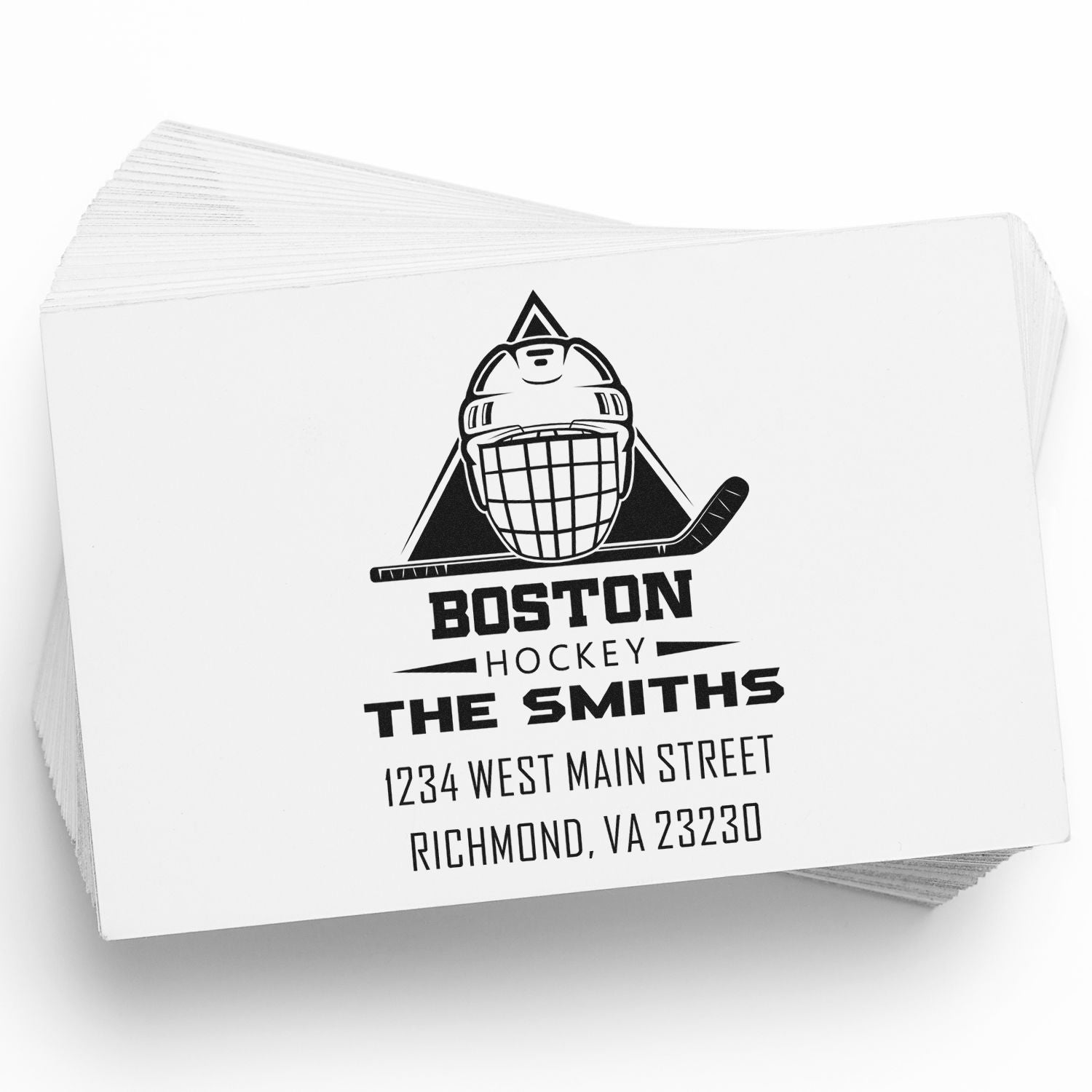 Custom Boston hockey return address rubber stamp with goalie helmet design, personalized for The Smiths in Richmond, VA.