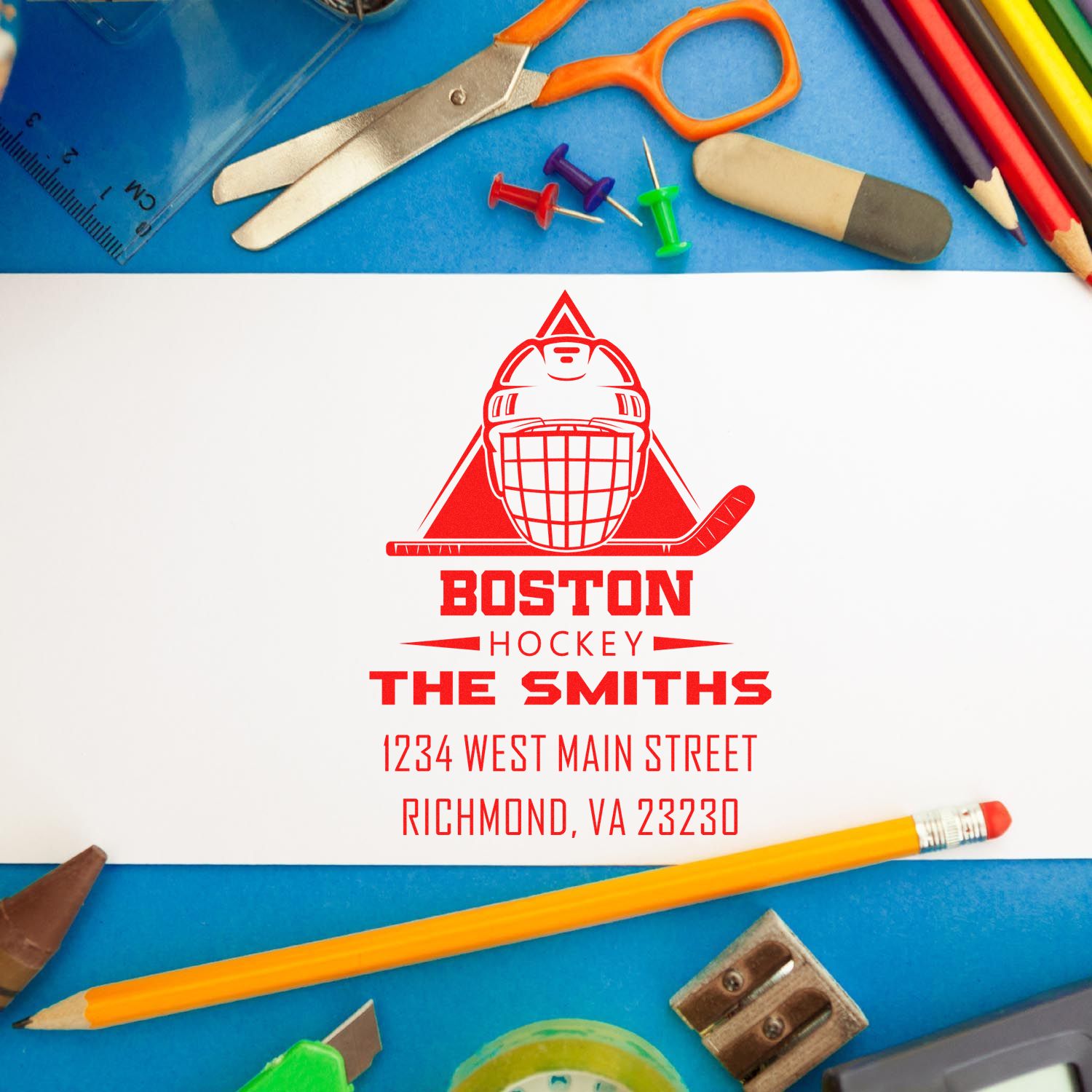 Custom hockey rubber stamp with Boston goalie logo and return address for The Smiths, Richmond, VA personalized stationery.