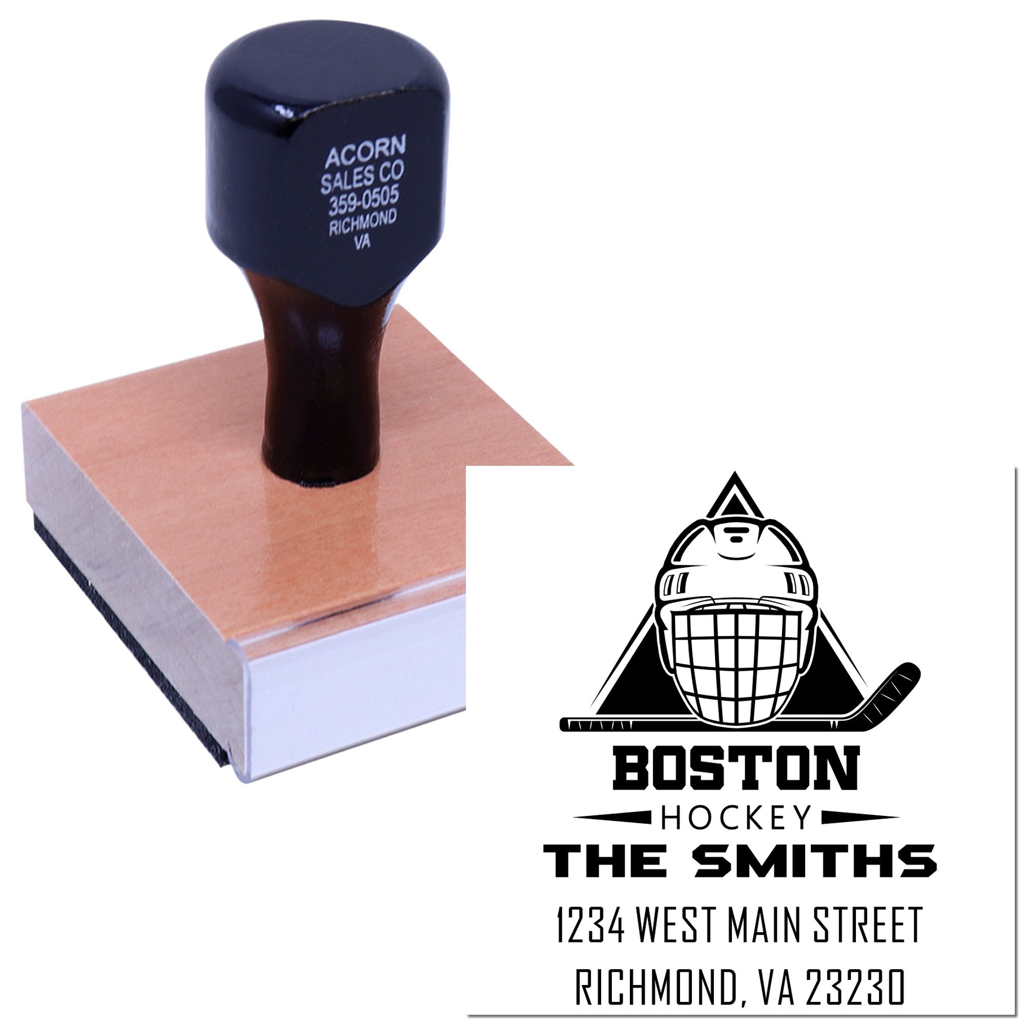 Custom hockey rubber stamp with Boston Hockey logo, team name, and Richmond, VA address for branded business use.