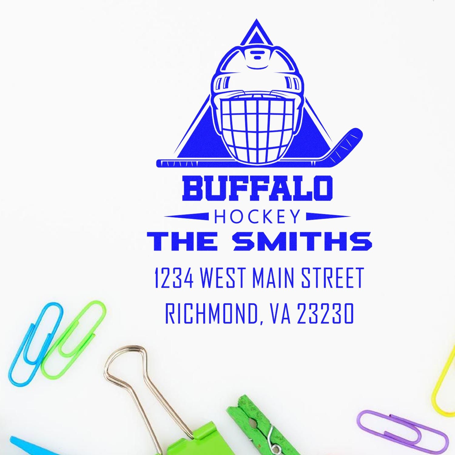 Custom hockey rubber stamp design for The Smiths, Buffalo Hockey, with goalie logo and Richmond, VA address.