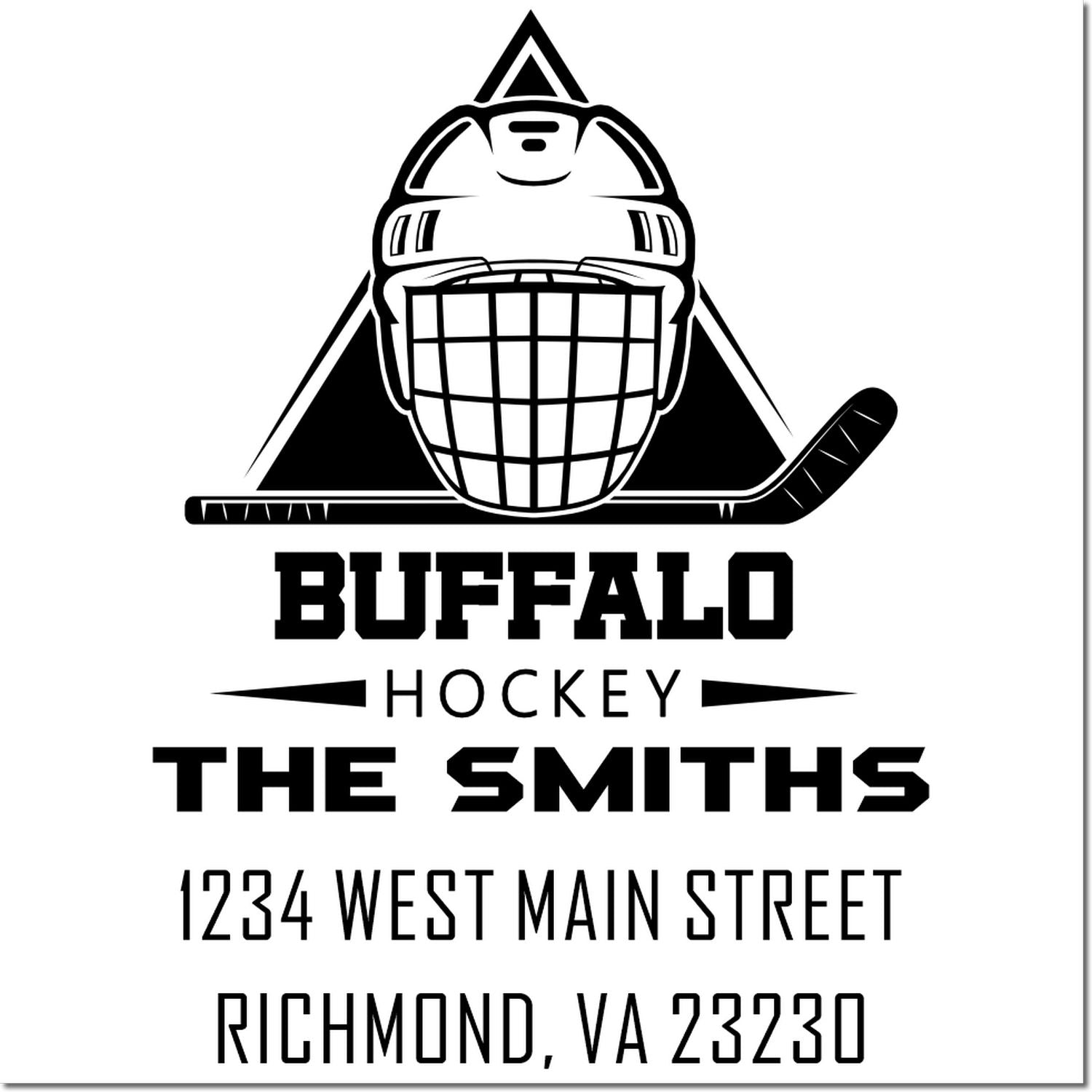 Custom Buffalo hockey address rubber stamp for The Smiths with goalie logo and Richmond, VA 23230 address.