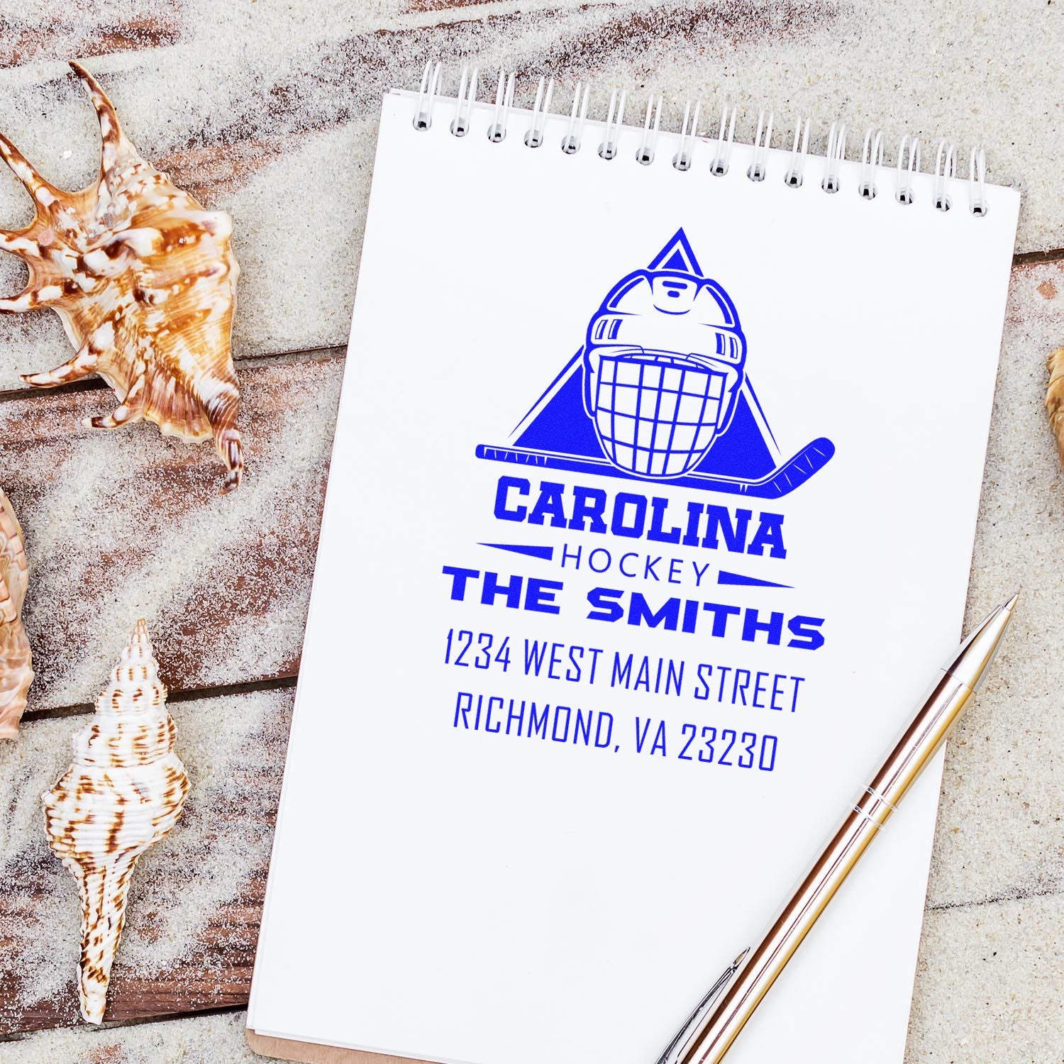 Custom Carolina Hockey address stamp with family name for personalized stationery and envelopes.