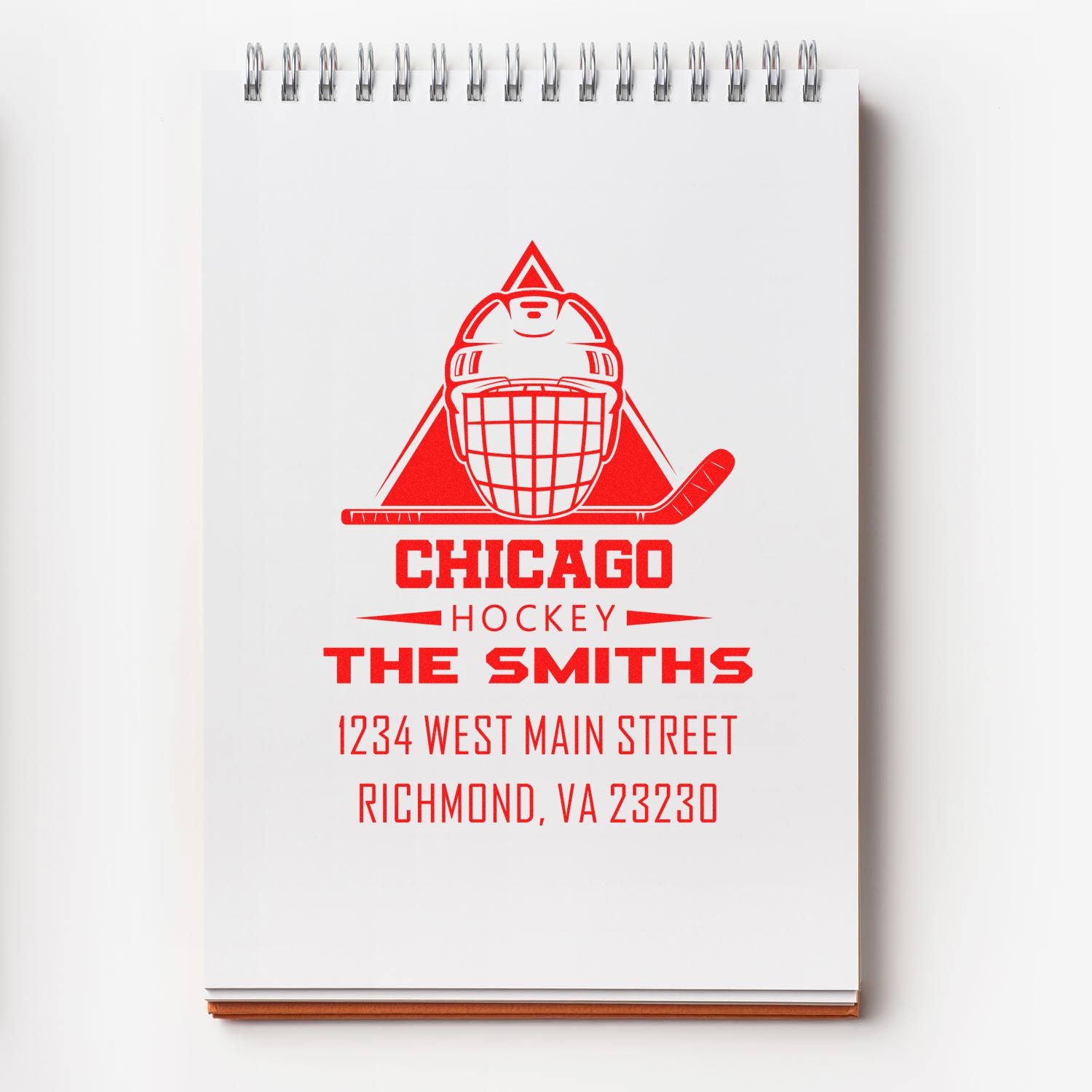 Custom hockey return address rubber stamp with goalie logo, Chicago Hockey, The Smiths, Richmond, VA 23230.