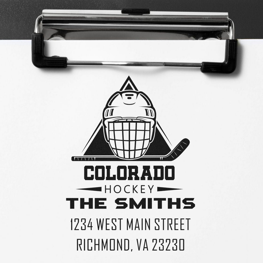 Custom Colorado Hockey address stamp for The Smiths with personalized name and mailing address.