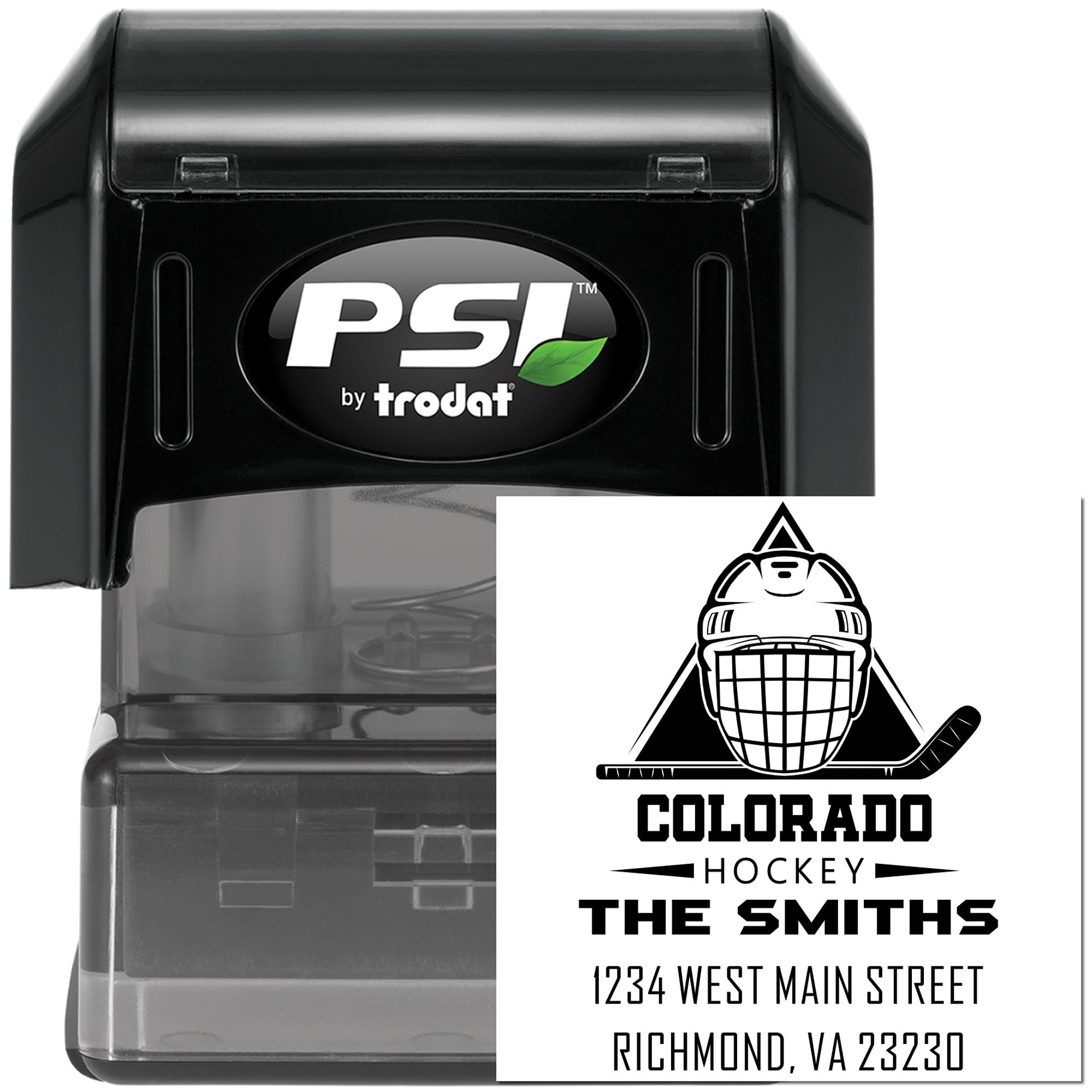 Self-inking custom rubber stamp for Colorado Hockey, The Smiths, with hockey logo and address for mailing and branding.