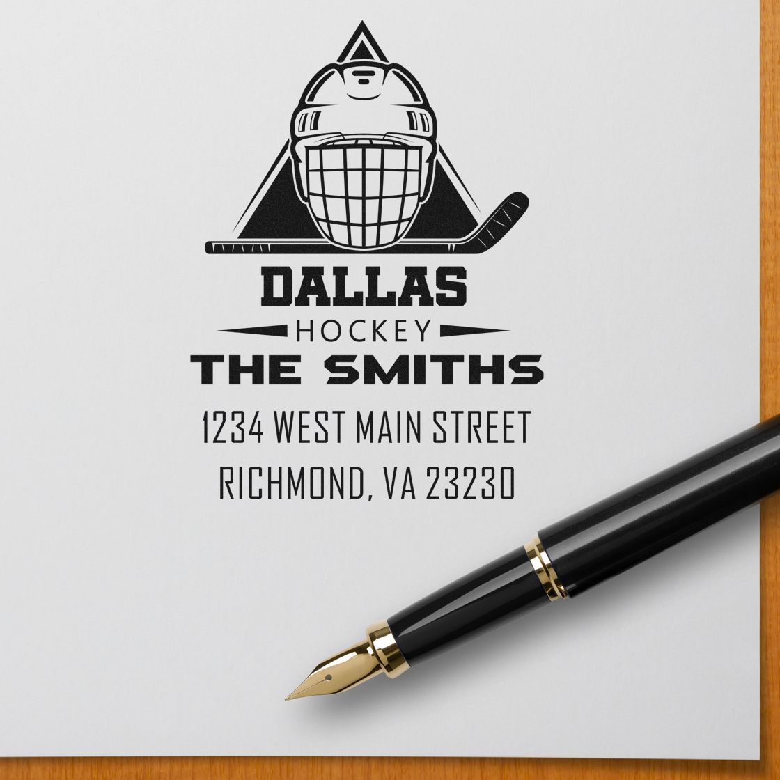 Custom Dallas Hockey rubber stamp for The Smiths with return address in Richmond, VA 23230.