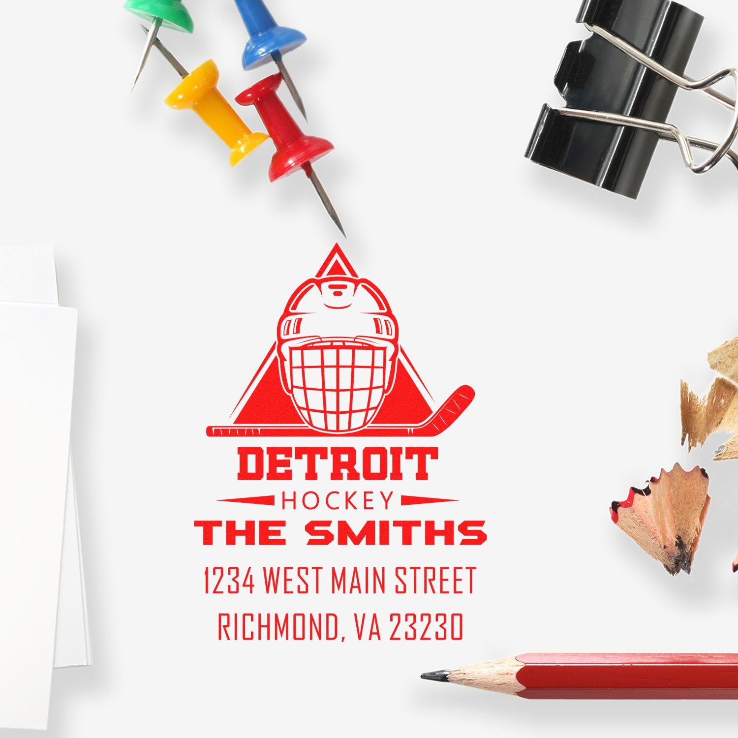 Custom Detroit hockey rubber stamp with The Smiths name and Richmond, VA address for personalized return address mailings.