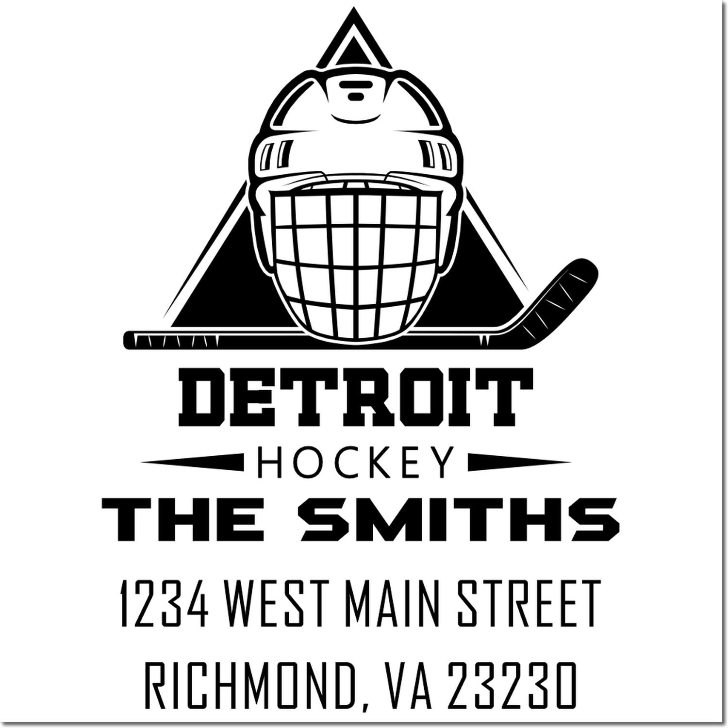 Custom Detroit Hockey rubber stamp with goalie mask logo, The Smiths, and Richmond, VA 23230 address.
