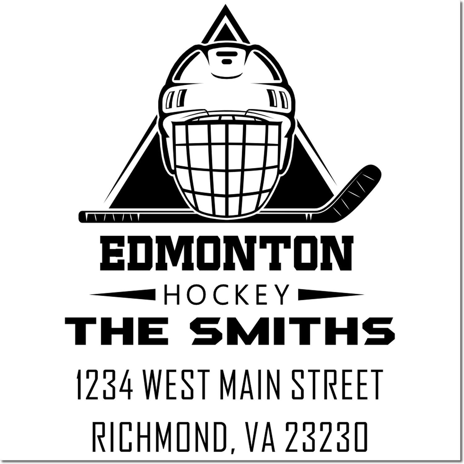 Personalized Edmonton hockey rubber stamp featuring goalie mask, The Smiths, and Richmond, VA return address.