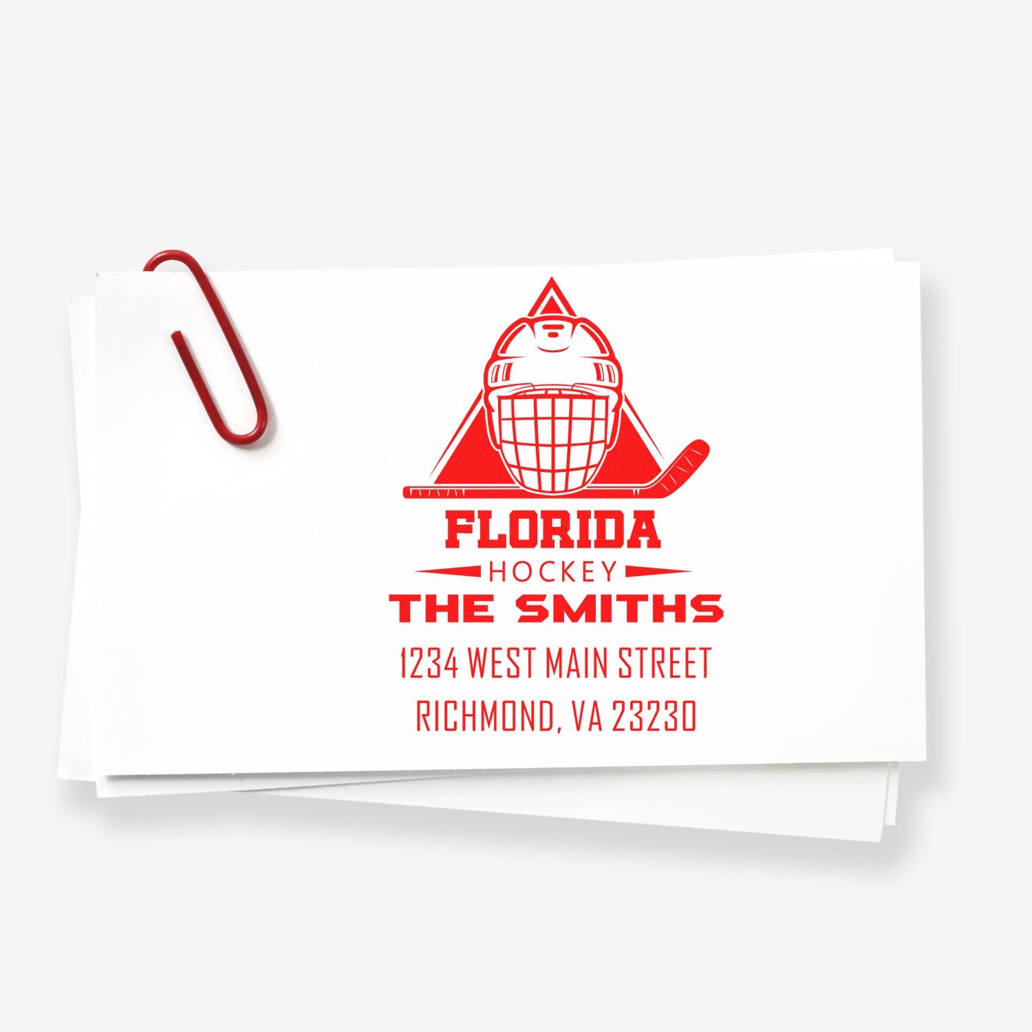Custom Florida hockey rubber stamp with The Smiths return address and goalie logo, ideal for personalized mailing.