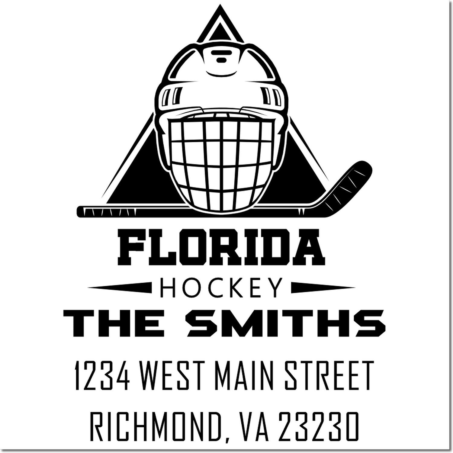 Personalized Florida Hockey rubber stamp with goalie helmet logo, The Smiths, and address 1234 West Main Street, Richmond, VA 23230.
