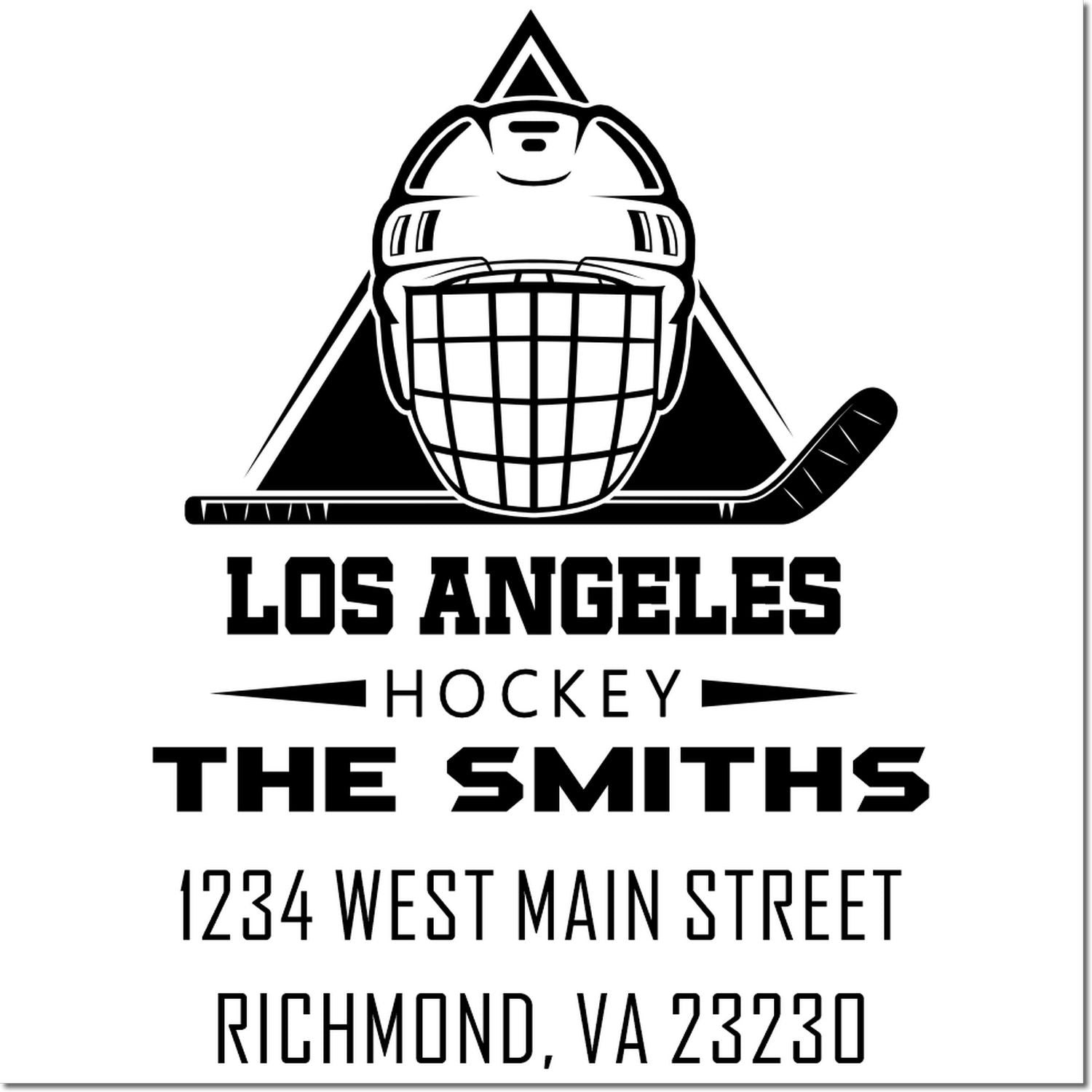 Custom hockey return address rubber stamp with goalie mask logo for The Smiths, 1234 West Main Street, Richmond, VA 23230.