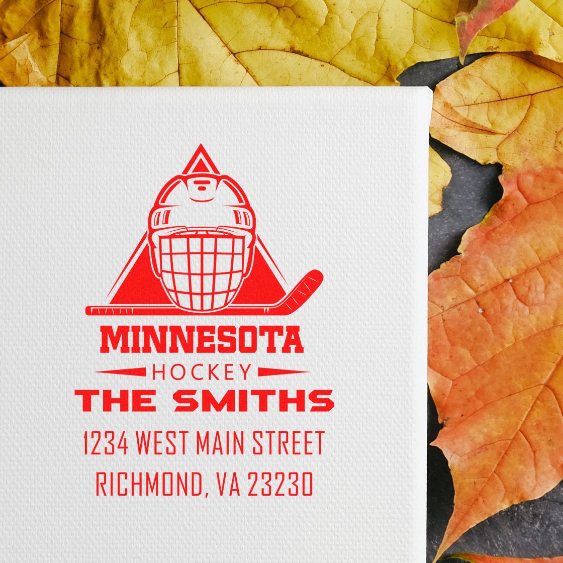 Personalized Minnesota hockey rubber stamp with family name and address for custom stationery and return mail.