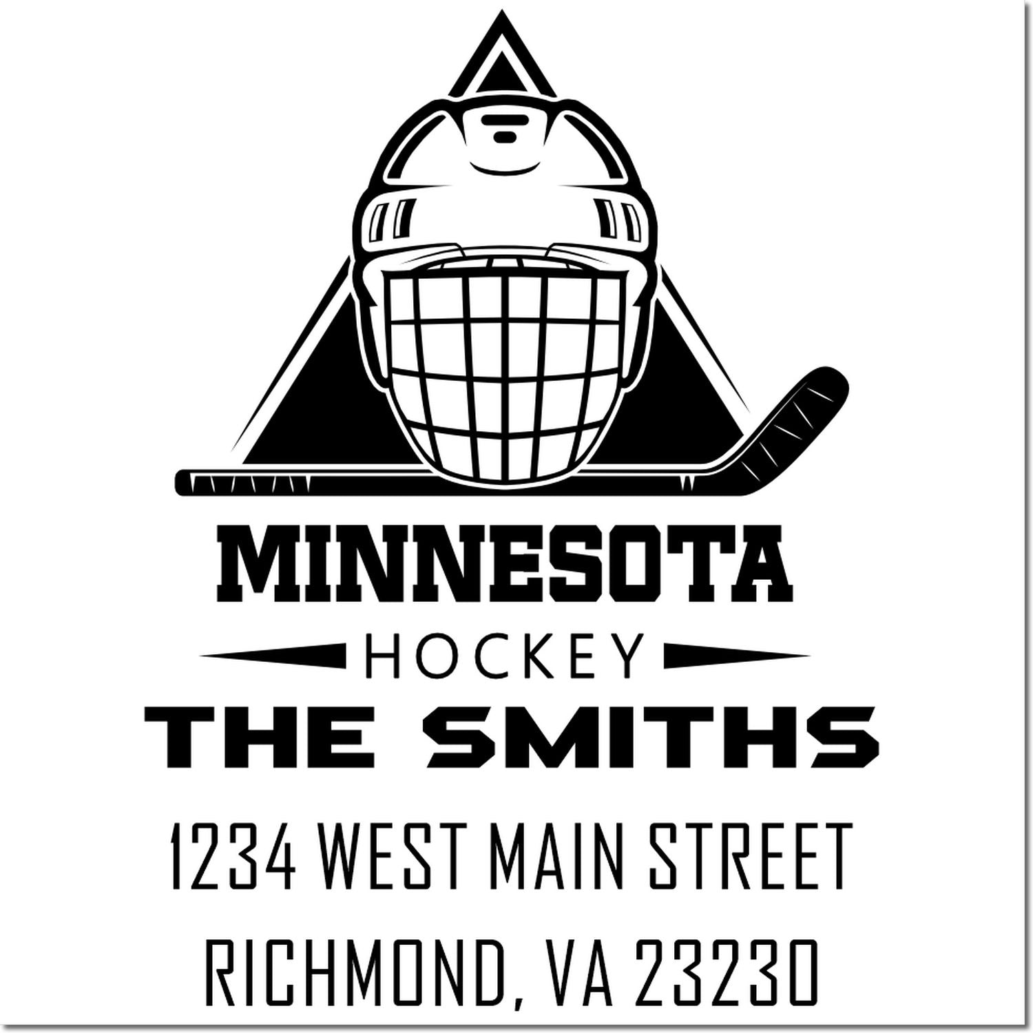 Personalized Minnesota hockey rubber stamp for The Smiths with goalie mask, stick, and Richmond, VA address.