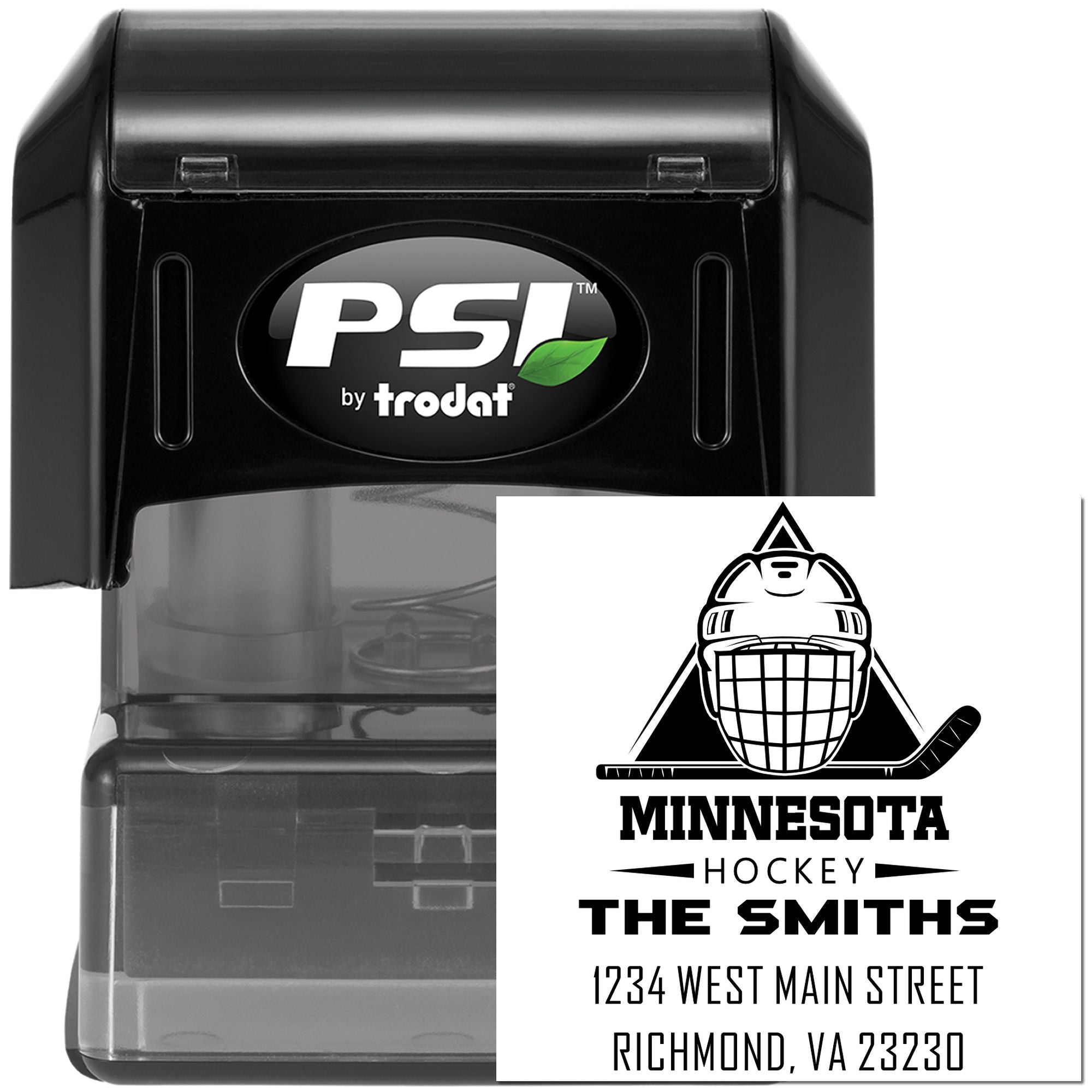 PSI by Trodat custom self-inking rubber stamp with Minnesota hockey logo, family name, and address for personalized mailings