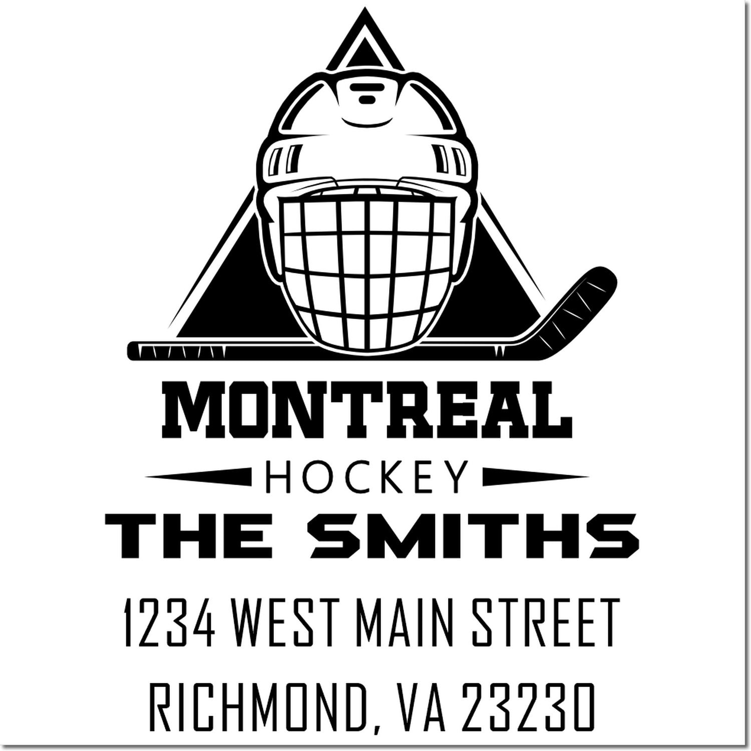 Custom Montreal hockey rubber stamp with goalie mask and stick, personalized for The Smiths, Richmond, VA address.