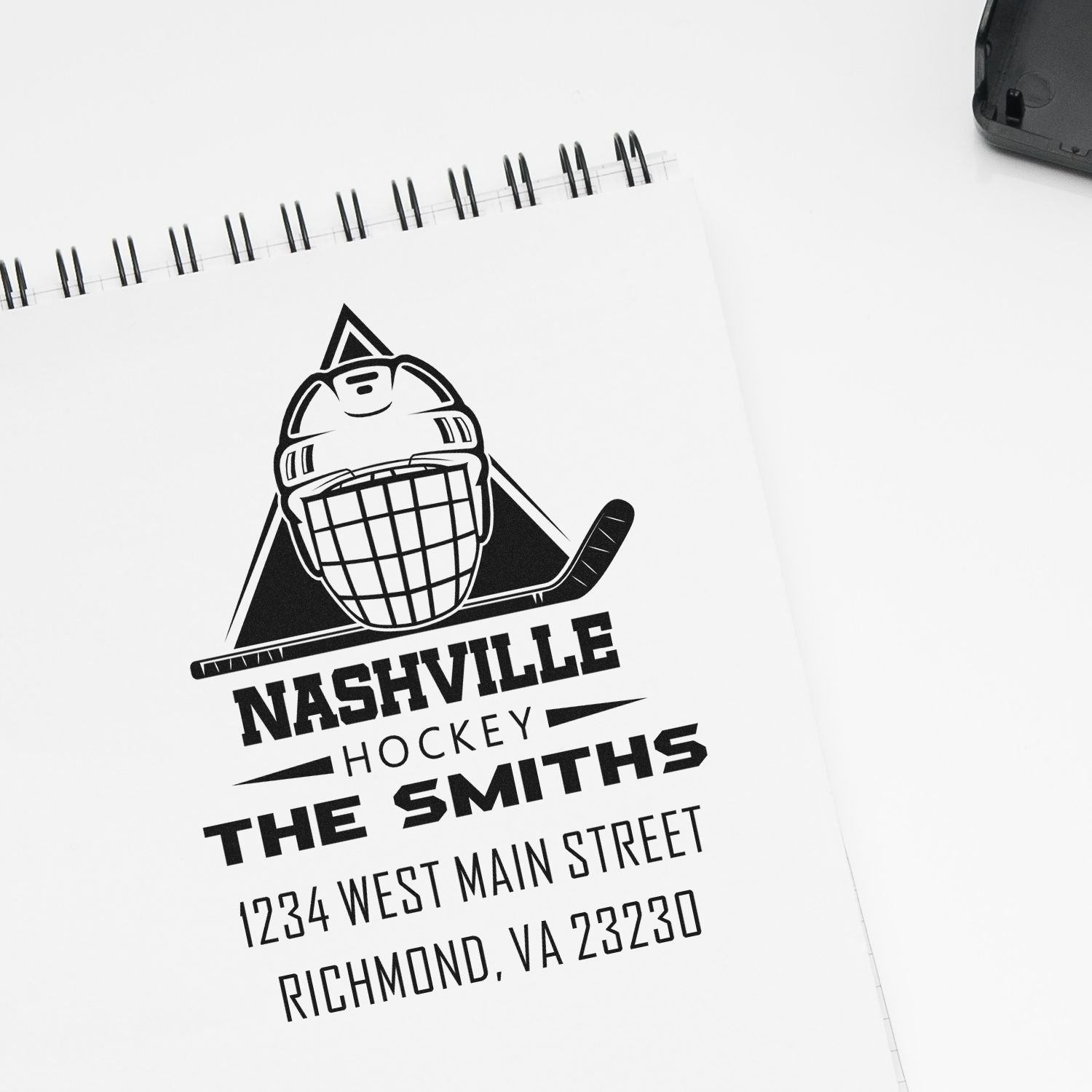 Custom Nashville Hockey rubber stamp for The Smiths with Richmond, VA address for branded sports stationery.