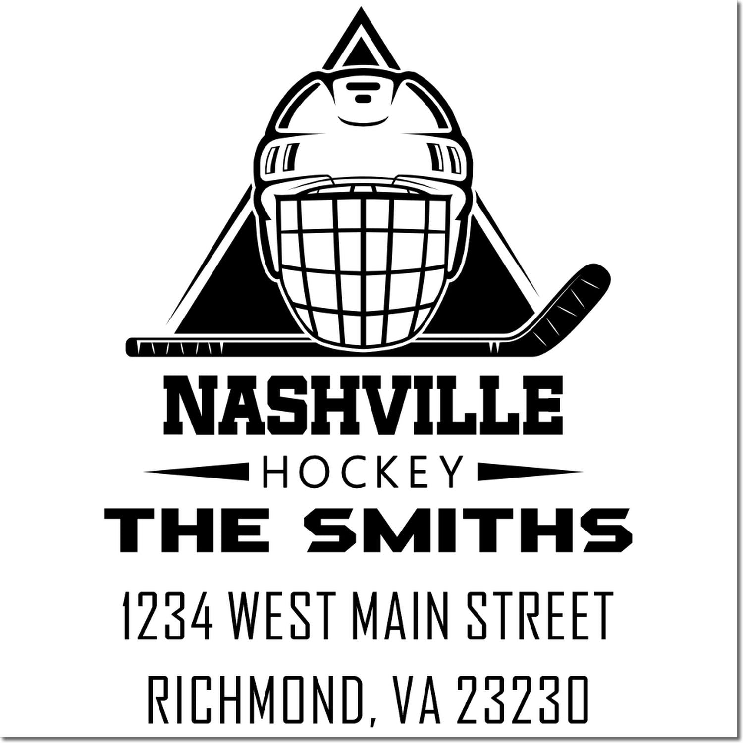 Personalized Nashville Hockey return address rubber stamp for The Smiths, with goalie mask, stick, and Richmond, VA 23230.