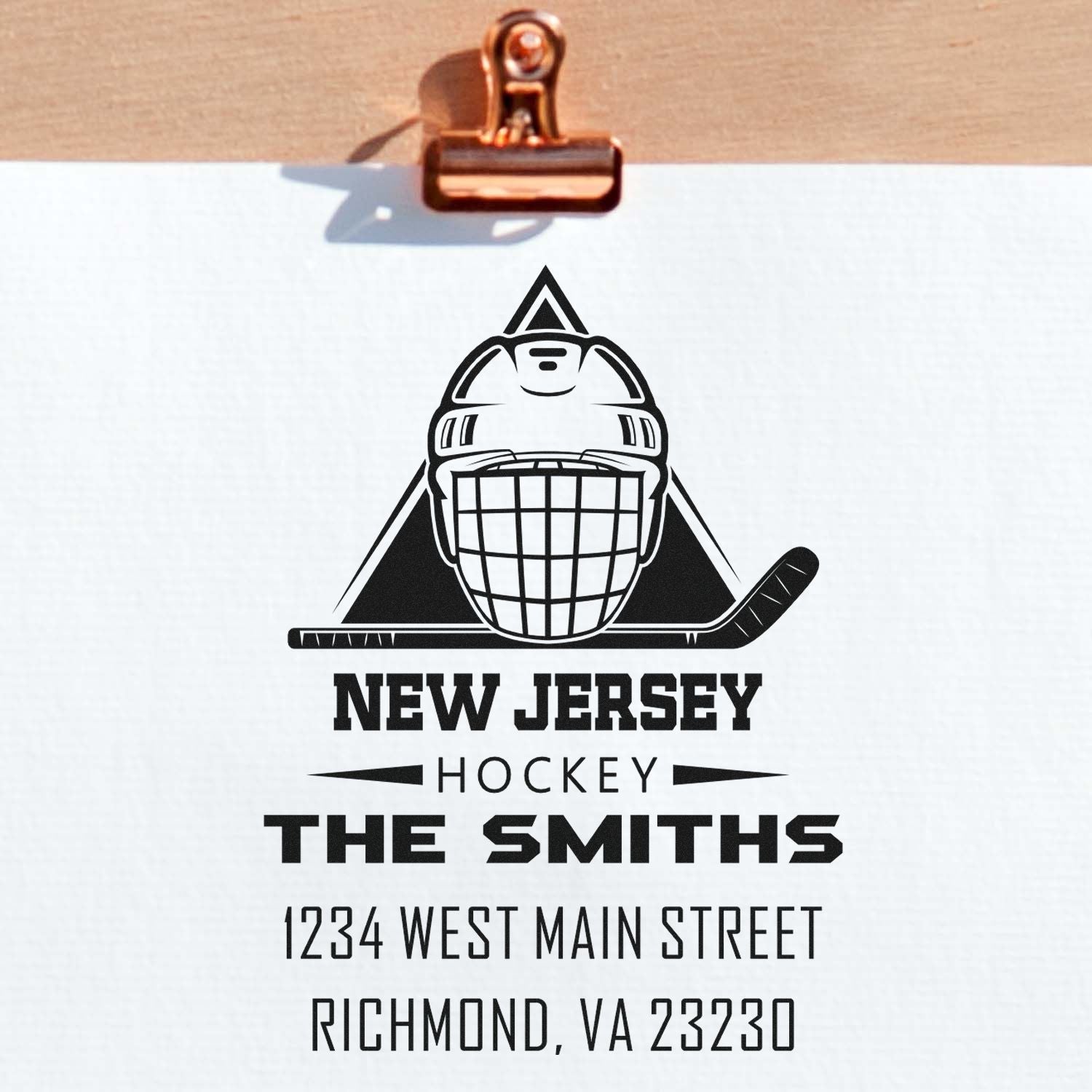 Personalized New Jersey hockey return address rubber stamp for The Smiths, with goalie helmet logo and mailing address.