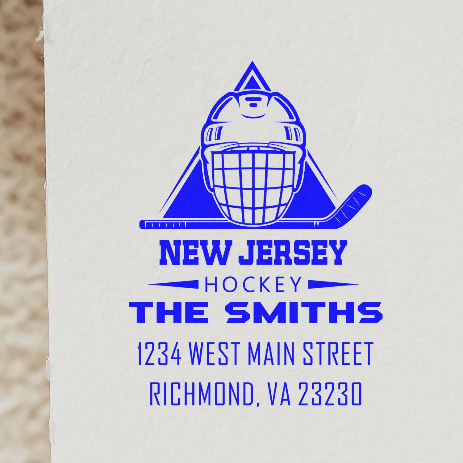 Custom hockey rubber stamp for The Smiths, featuring New Jersey team design and Richmond, VA return address.