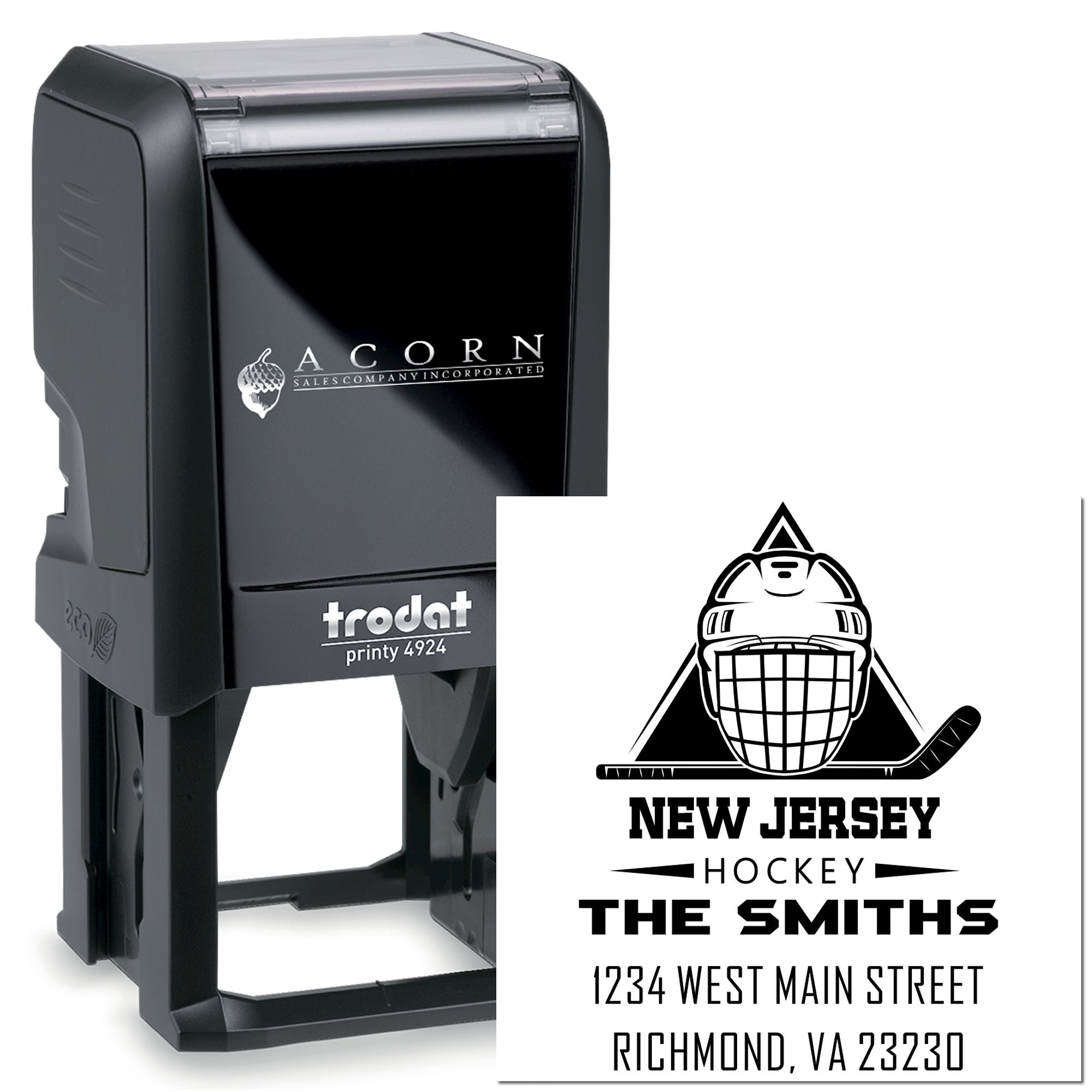 Custom self-inking rubber stamp for New Jersey Hockey, personalized with The Smiths name and address.