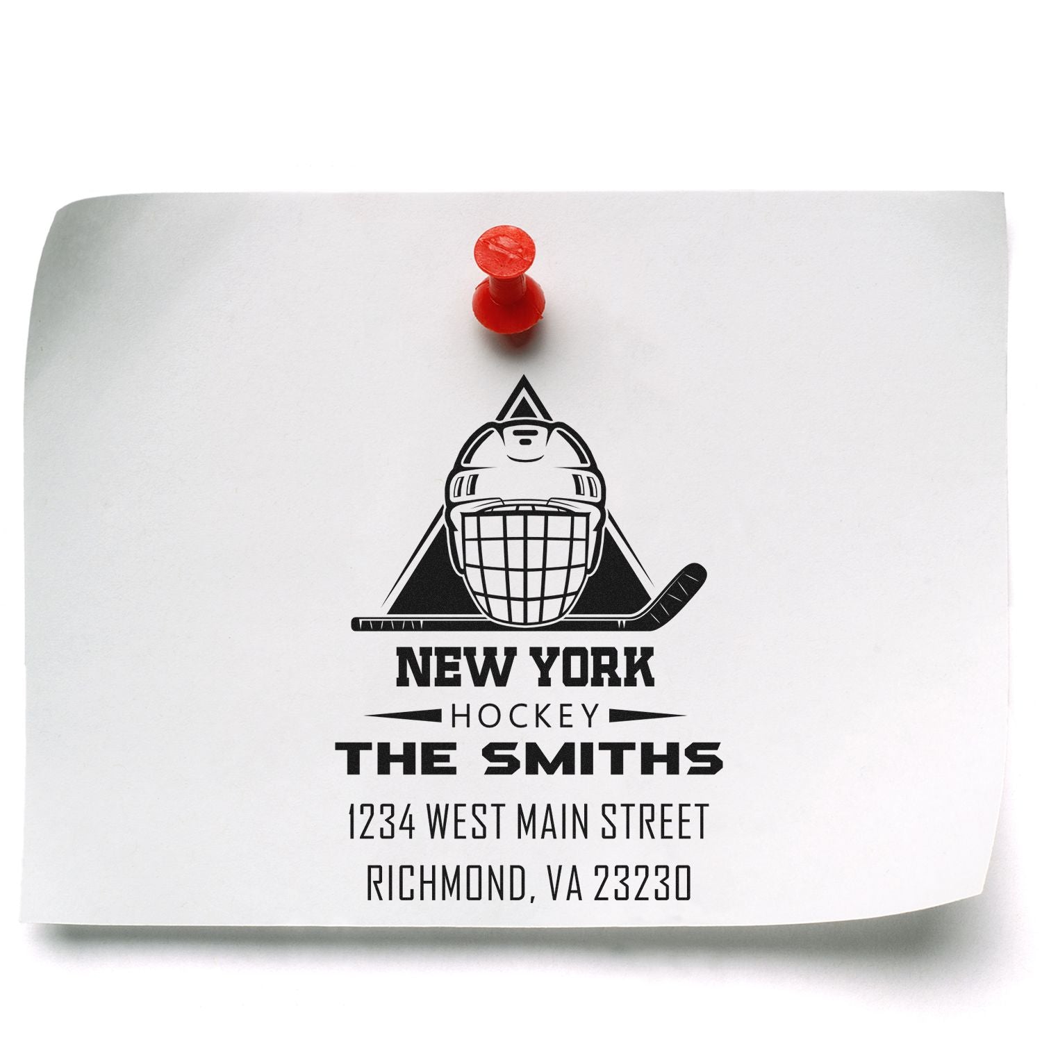 Custom hockey rubber stamp with New York Hockey, The Smiths, and address for personalized sports stationery.