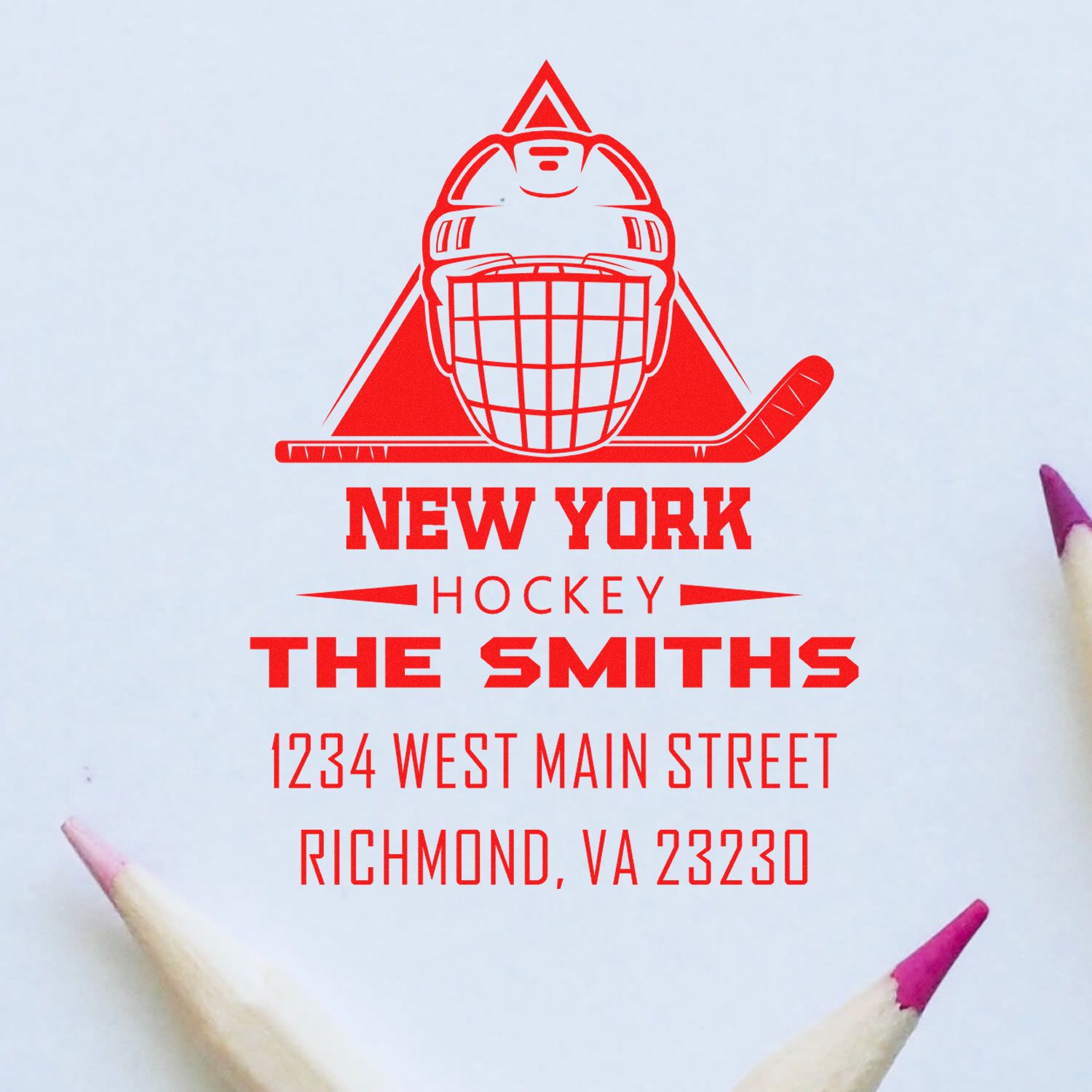 Custom hockey rubber stamp design with goalie logo, New York Hockey, The Smiths, and Richmond, VA address.
