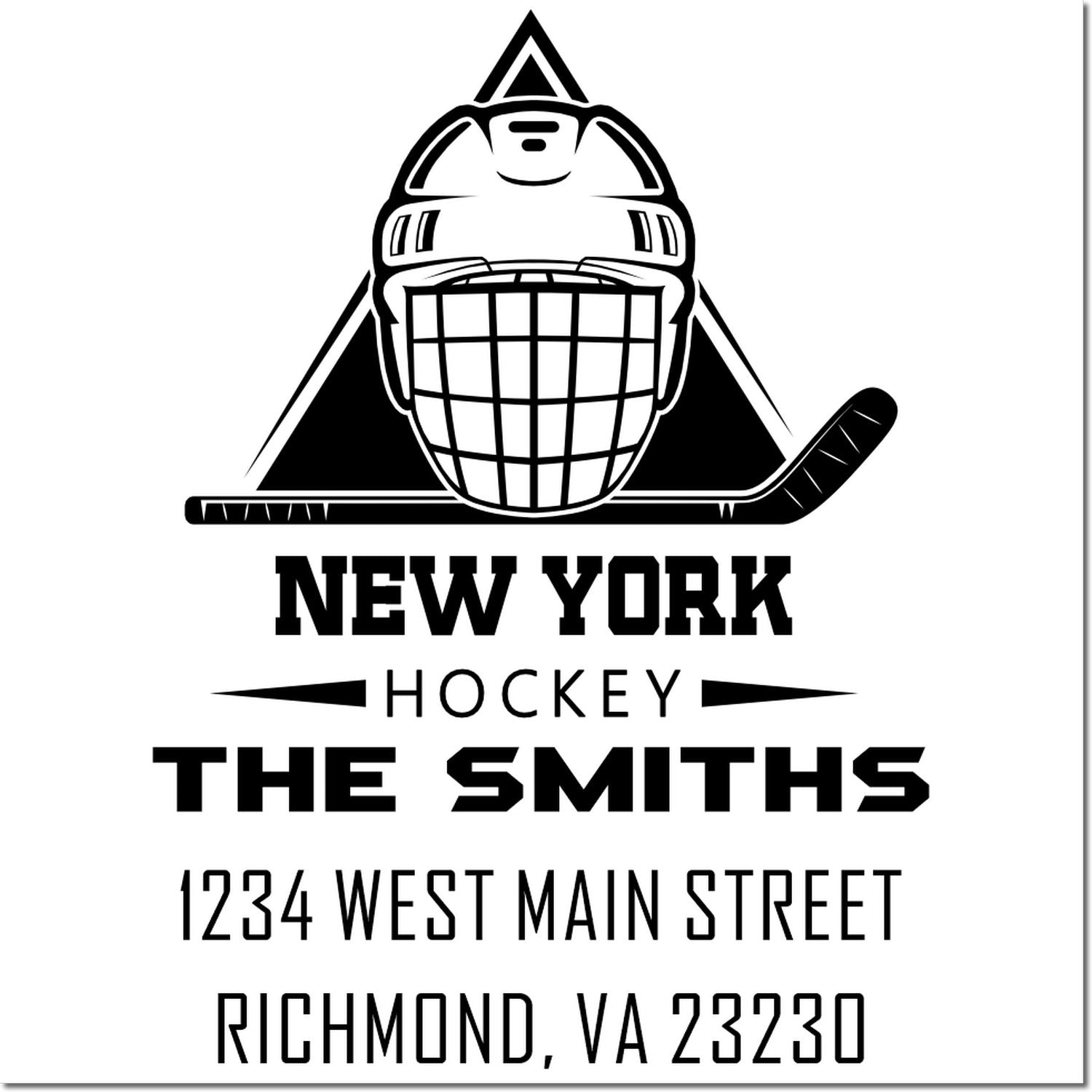 Custom hockey address stamp with goalie mask and stick, personalized for The Smiths, New York Hockey, Richmond, VA 23230.