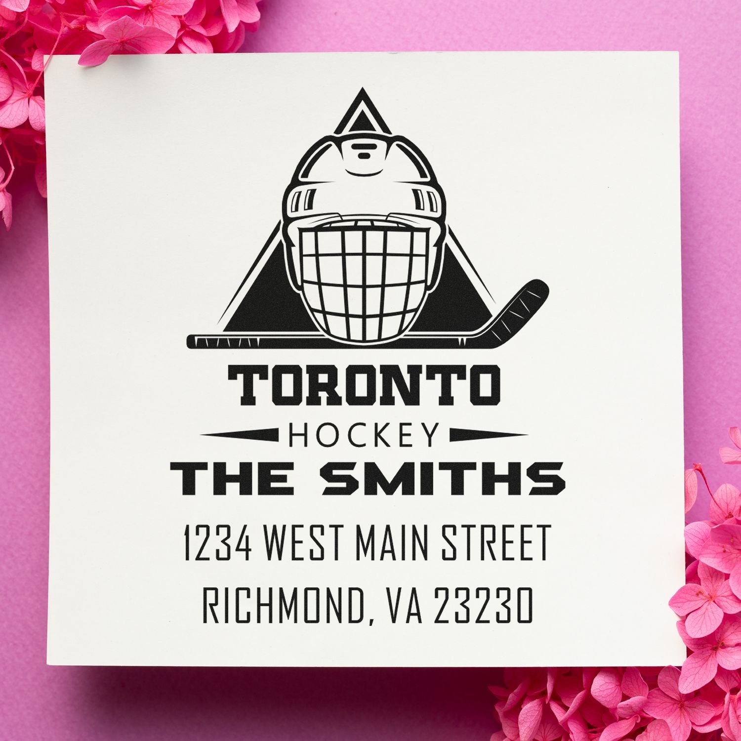 Custom hockey return address rubber stamp with goalie logo, Toronto Hockey The Smiths, Richmond VA 23230.