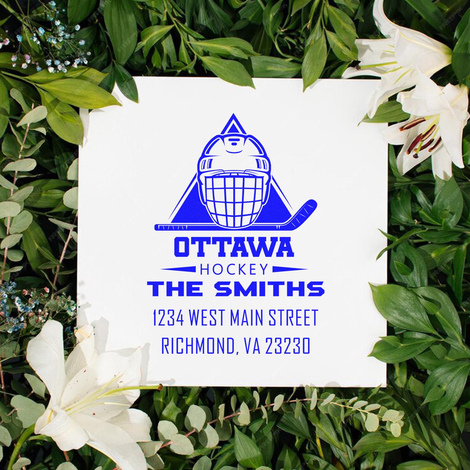 Custom Ottawa Hockey rubber stamp with goalie logo, The Smiths name, and return address for personalized mailings.