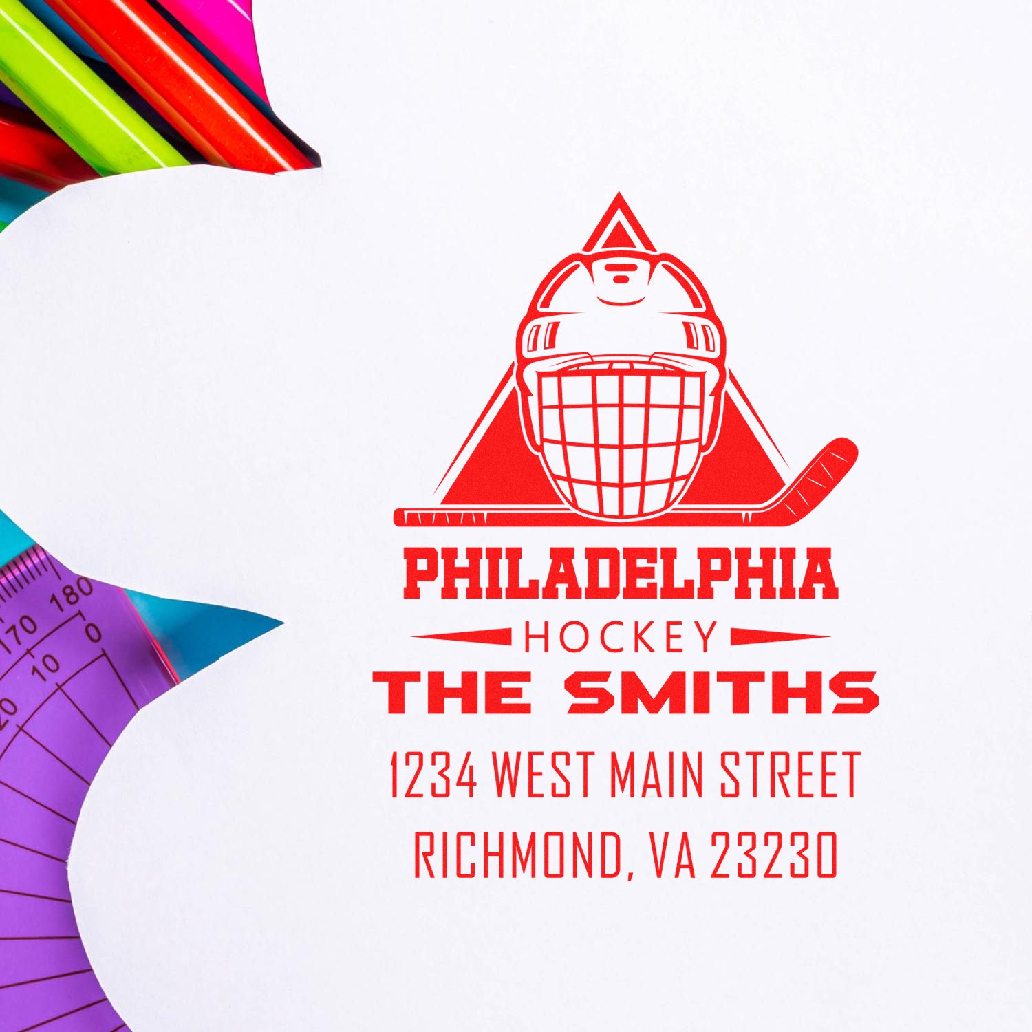 Personalized hockey rubber stamp featuring Philadelphia logo, The Smiths, and Richmond, VA return address.