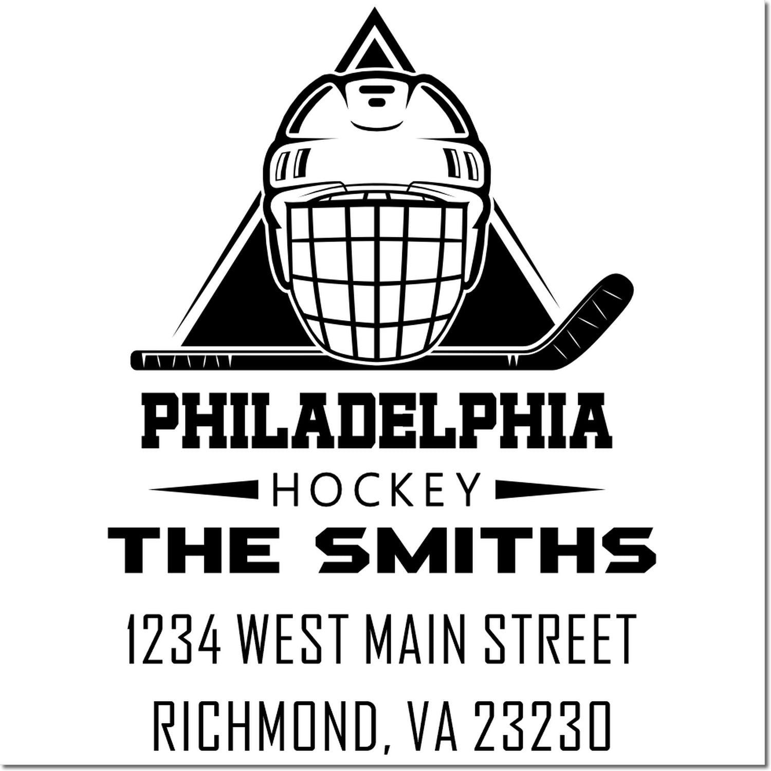 Custom Philadelphia hockey rubber stamp with goalie mask, stick, and personalized Smiths name and Richmond, VA address.