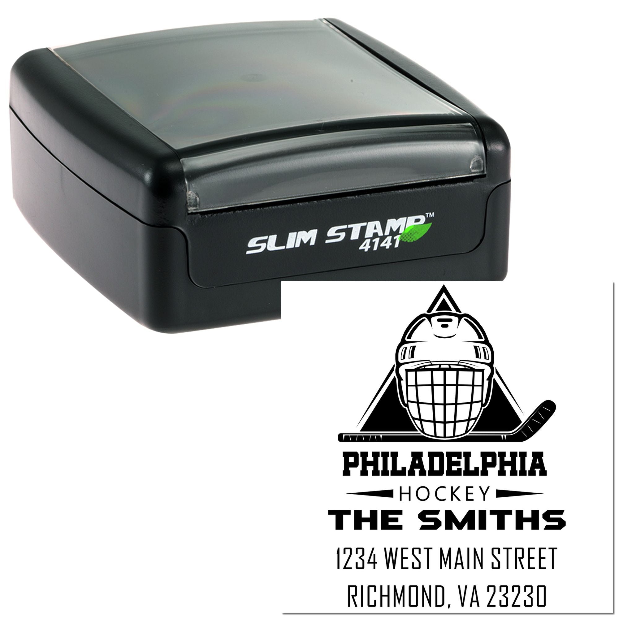 Custom self-inking rubber stamp featuring Philadelphia Hockey logo, team name, and address for branded mailing.