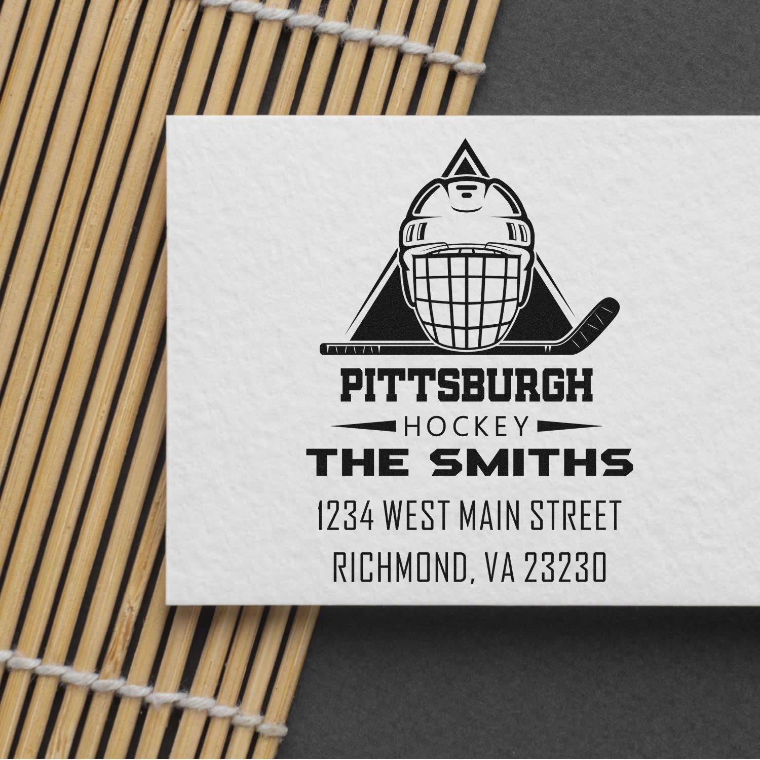 Custom Pittsburgh hockey address rubber stamp for The Smiths, featuring helmet logo and Richmond, VA return address.