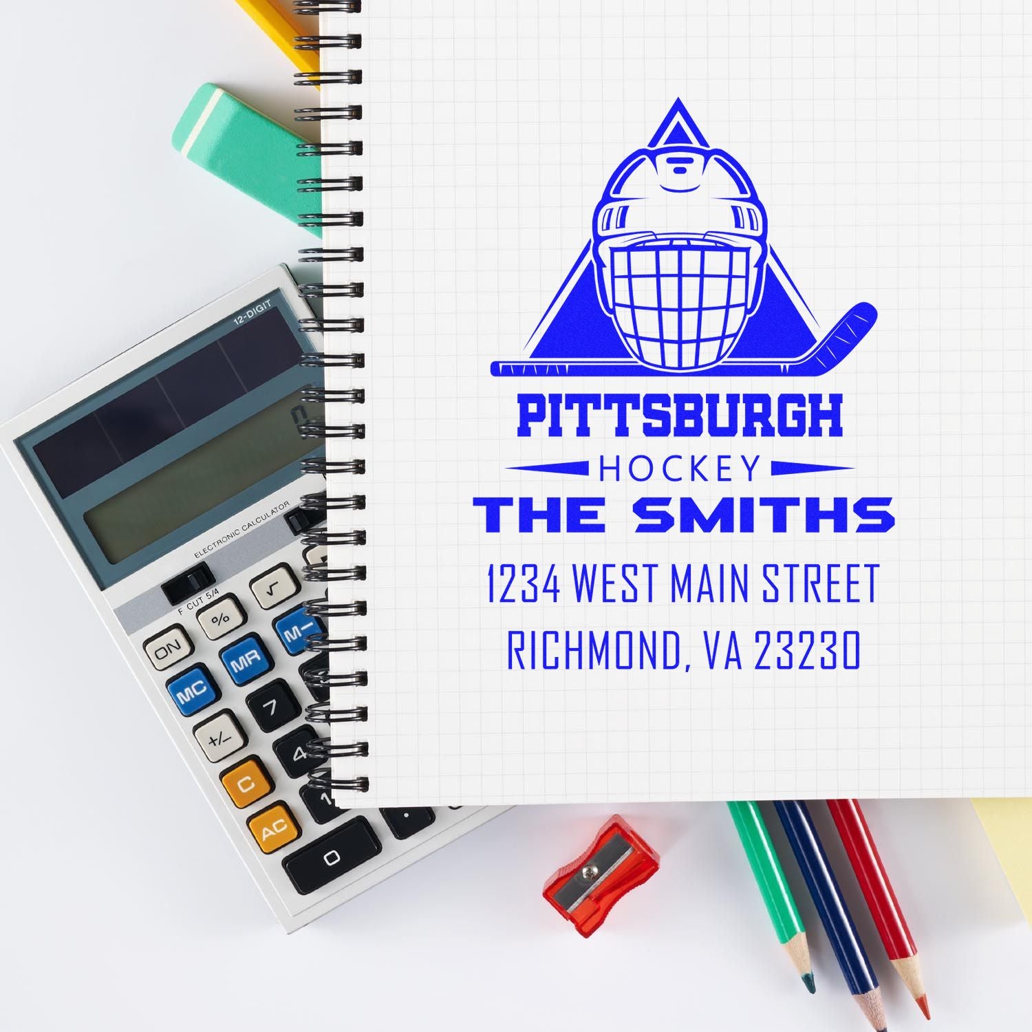 Personalized Pittsburgh hockey return address rubber stamp with goalie logo, The Smiths, Richmond, VA 23230.