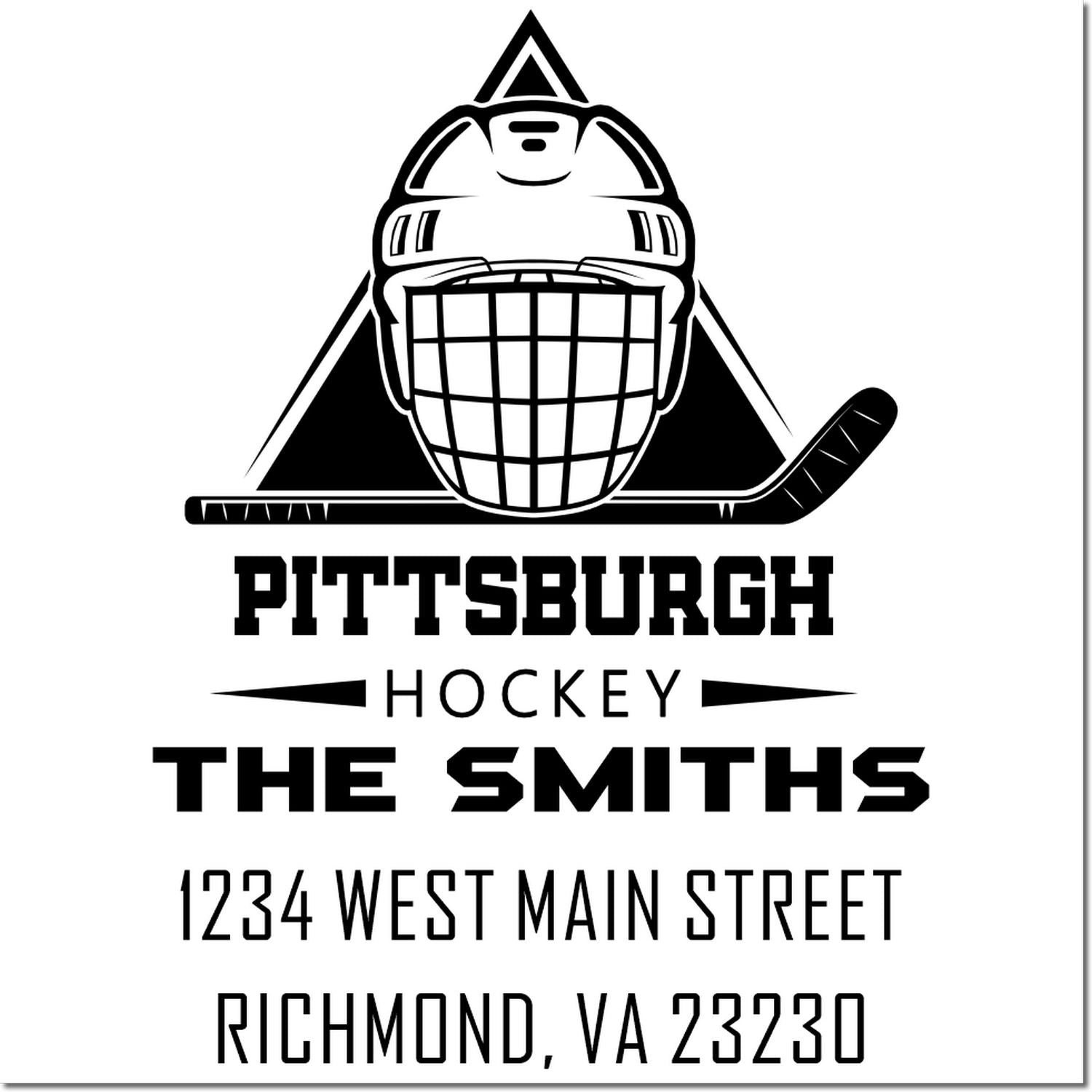 Custom Pittsburgh hockey rubber stamp with goalie helmet, The Smiths, and Richmond, VA return address.