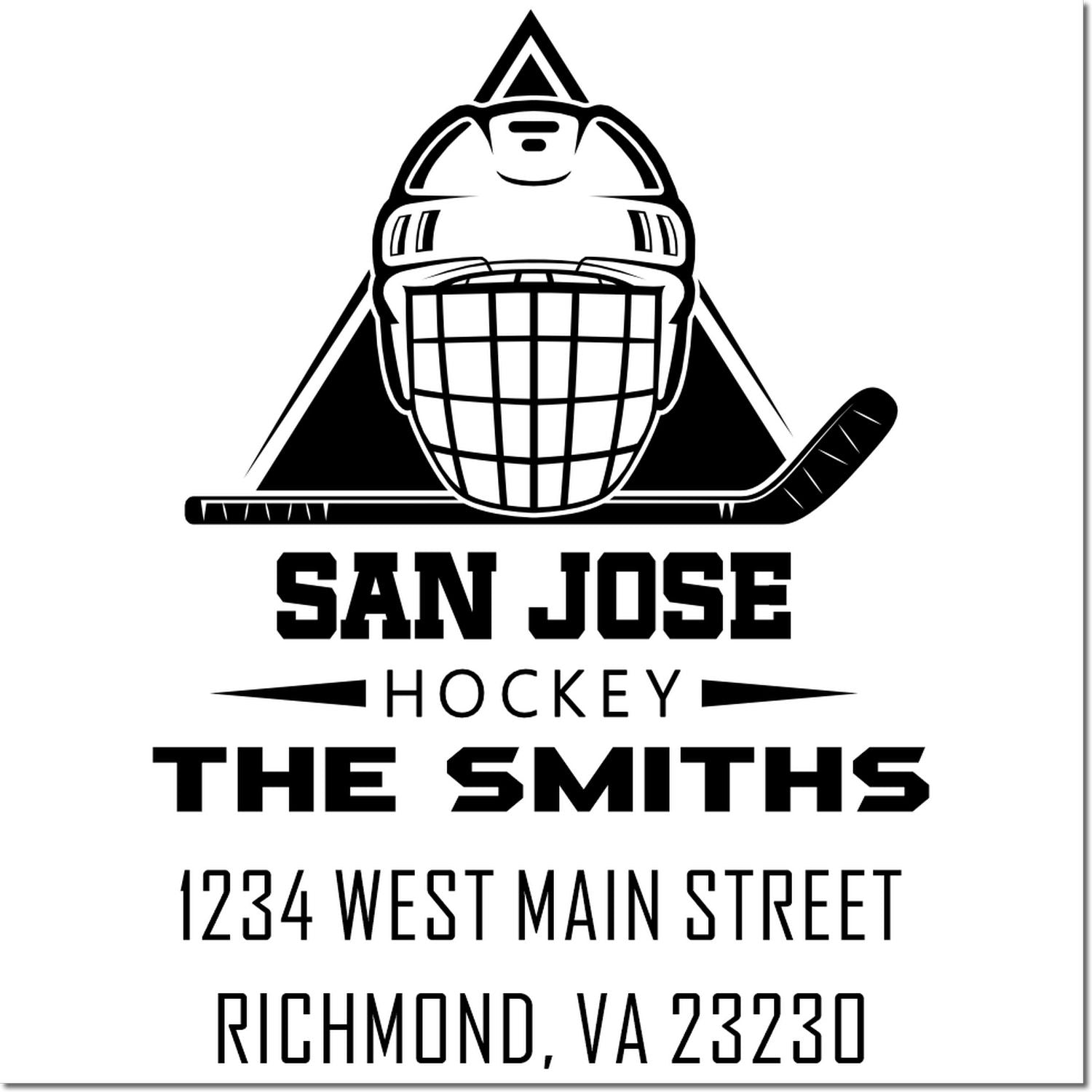 Custom hockey rubber stamp with goalie helmet logo, San Jose Hockey, The Smiths, and Richmond VA 23230 address.