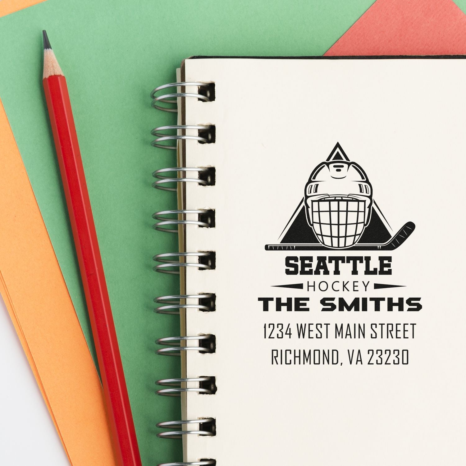 Personalized hockey return address rubber stamp with Seattle logo, The Smiths, and address imprint