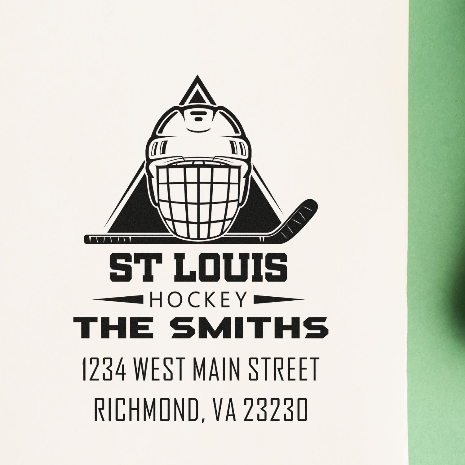 Custom hockey rubber stamp design for St. Louis Hockey, The Smiths, with logo and Richmond, VA address.