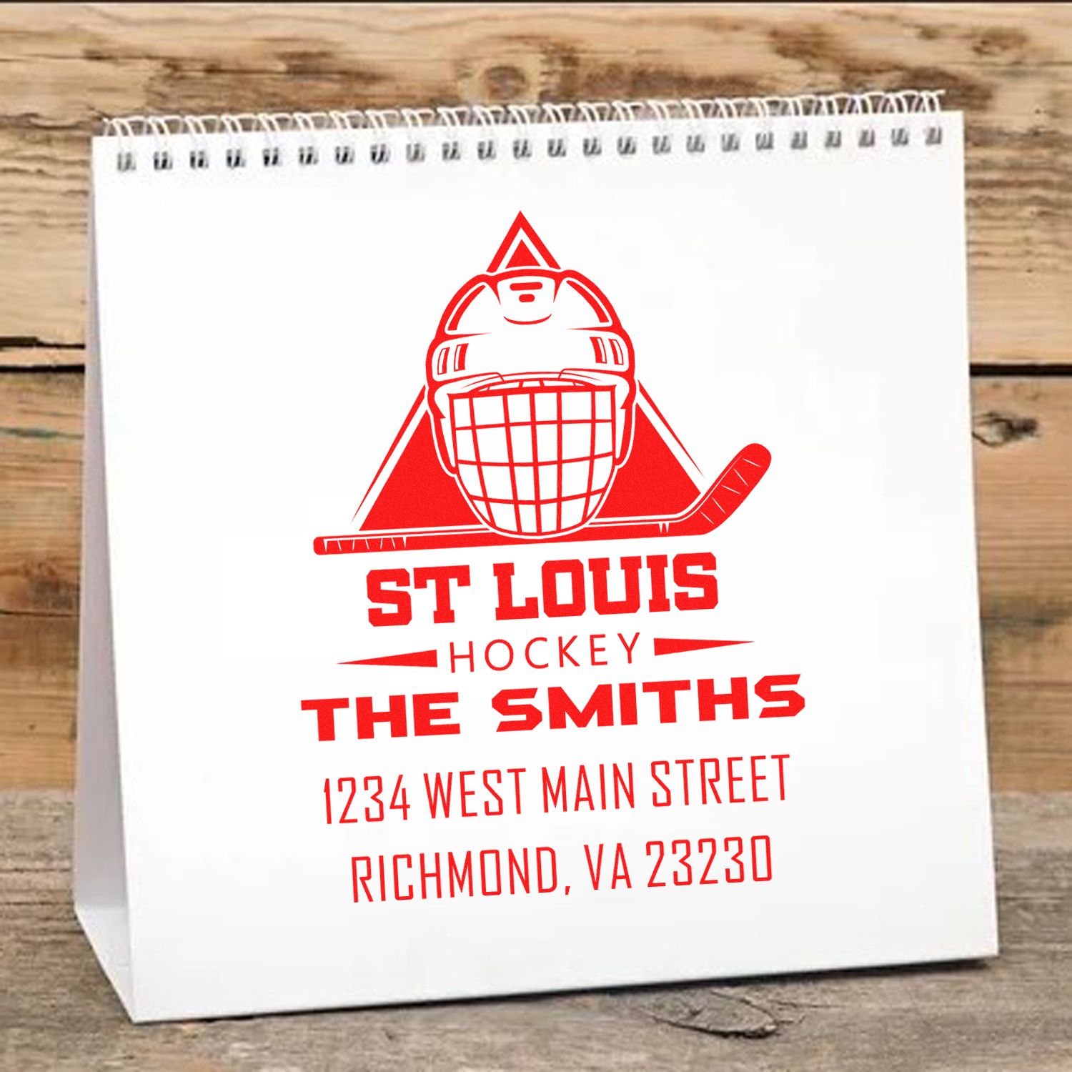 Custom hockey return address rubber stamp on white gift bag featuring St. Louis Hockey and The Smiths.