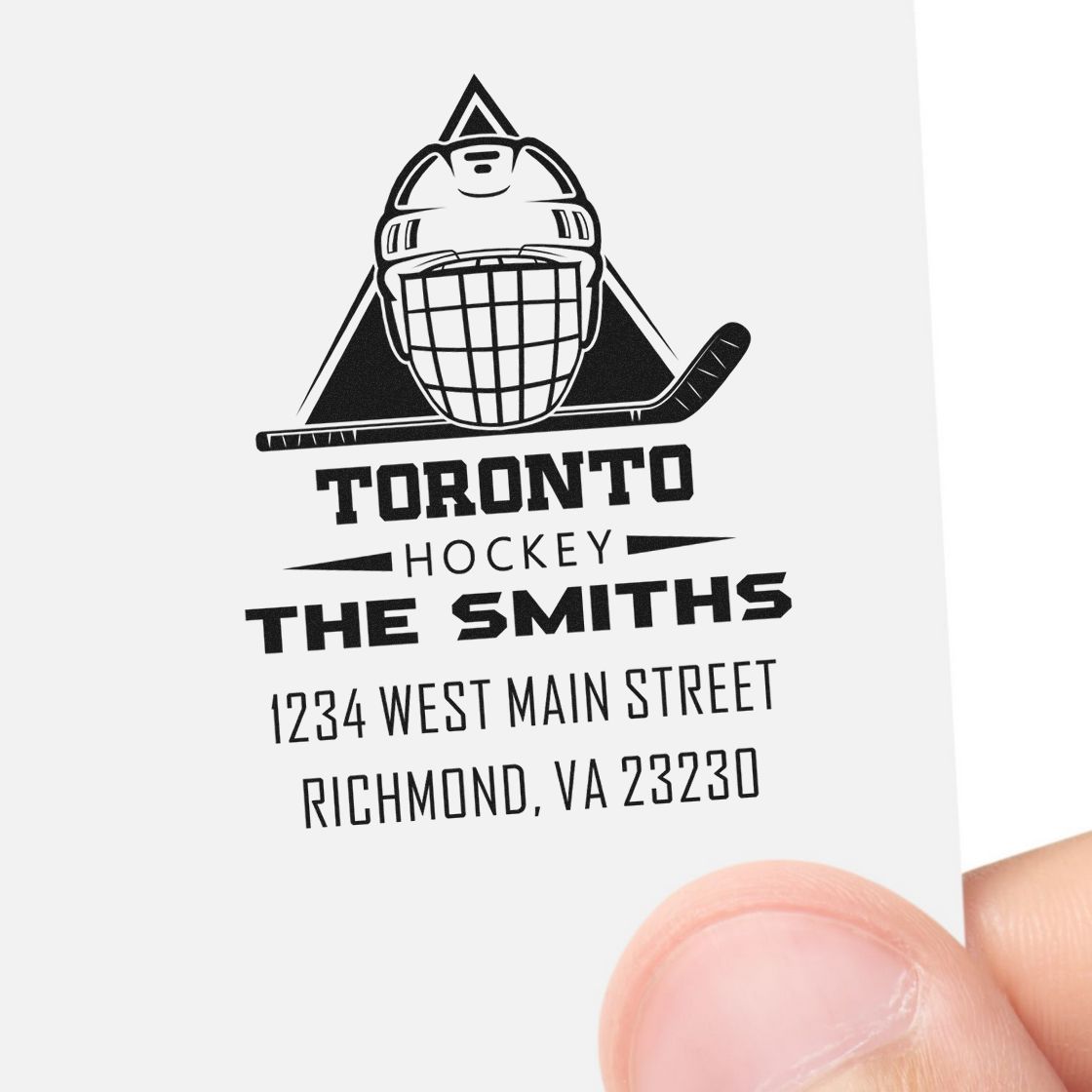 Custom hockey rubber stamp with goalie logo, Toronto Hockey The Smiths, and Richmond, VA address.