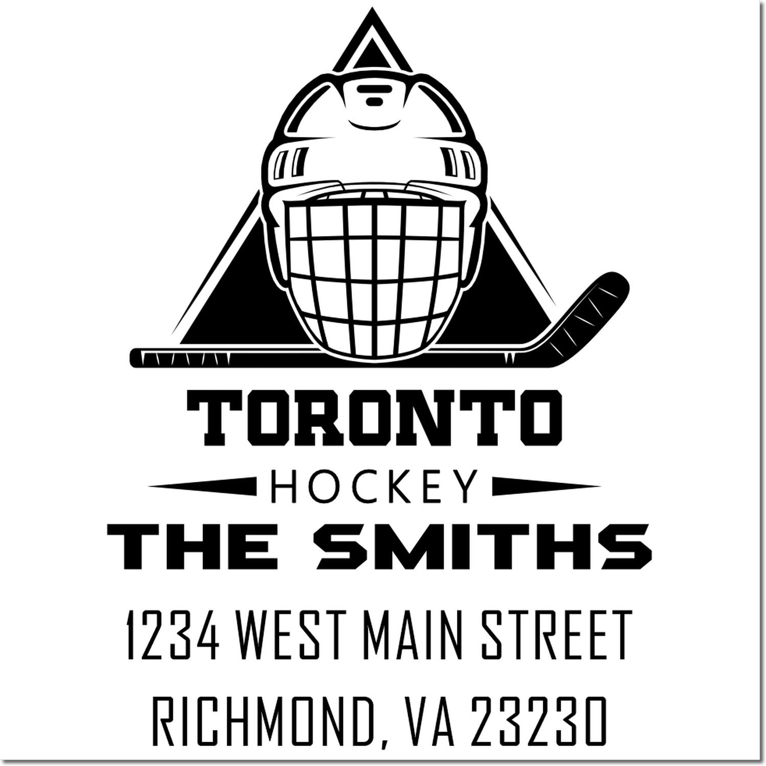 Personalized Toronto hockey return address rubber stamp with goalie mask, stick, family name, and Richmond, VA 23230.