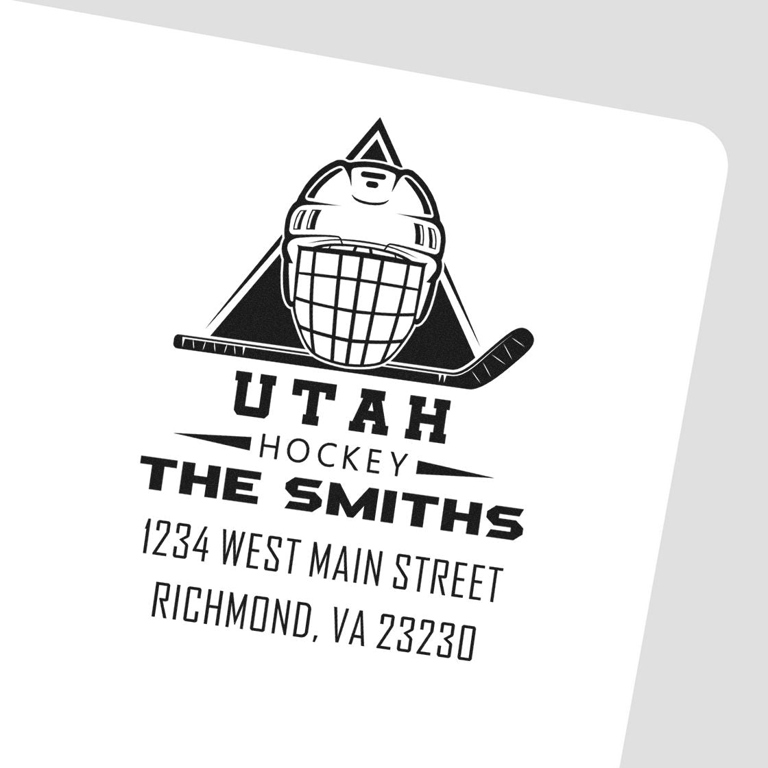 Custom hockey address stamp featuring a goalie helmet, The Smiths, and Richmond, VA return address.