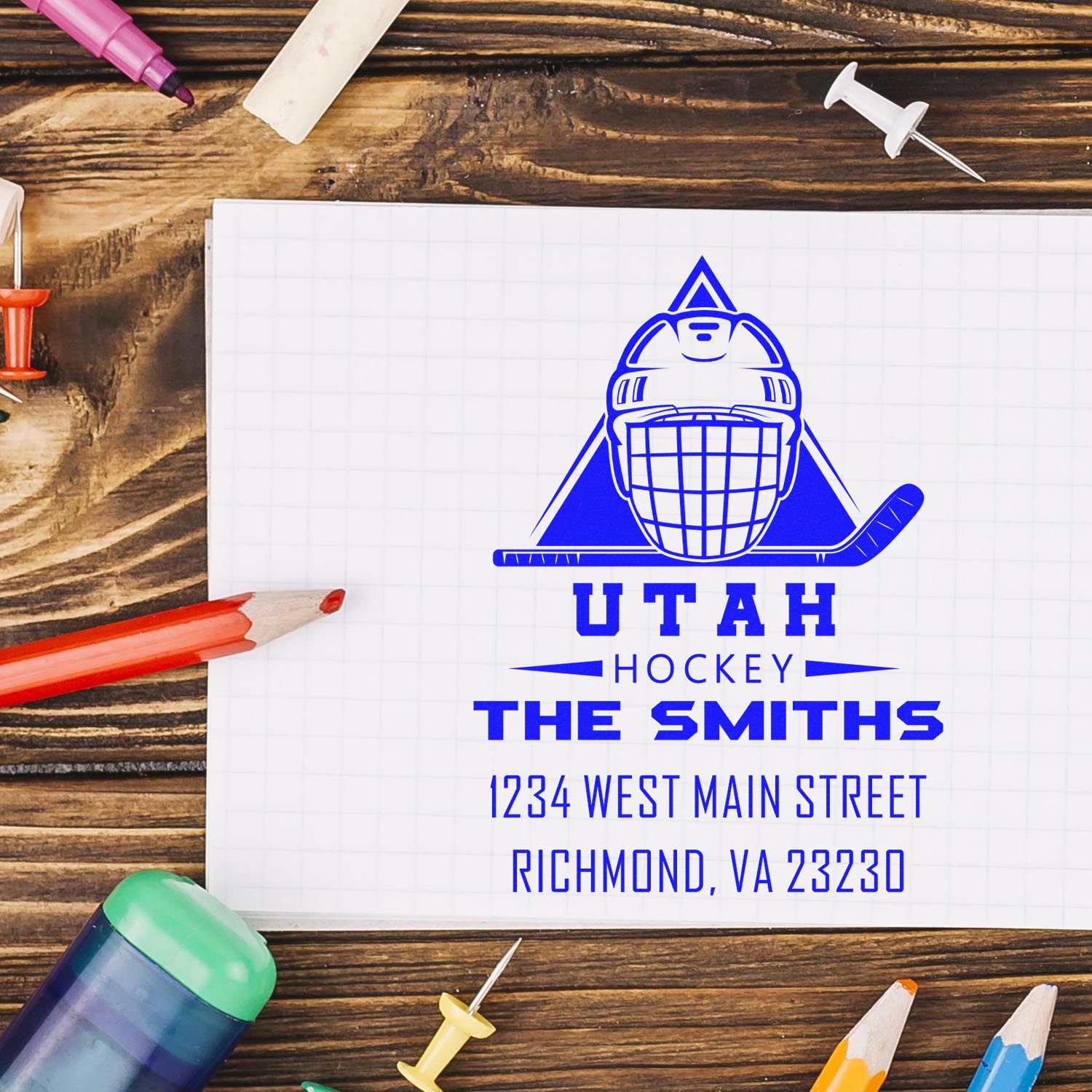 Custom Utah hockey rubber stamp with The Smiths name and return address for personalized mail and sports fan stationery.
