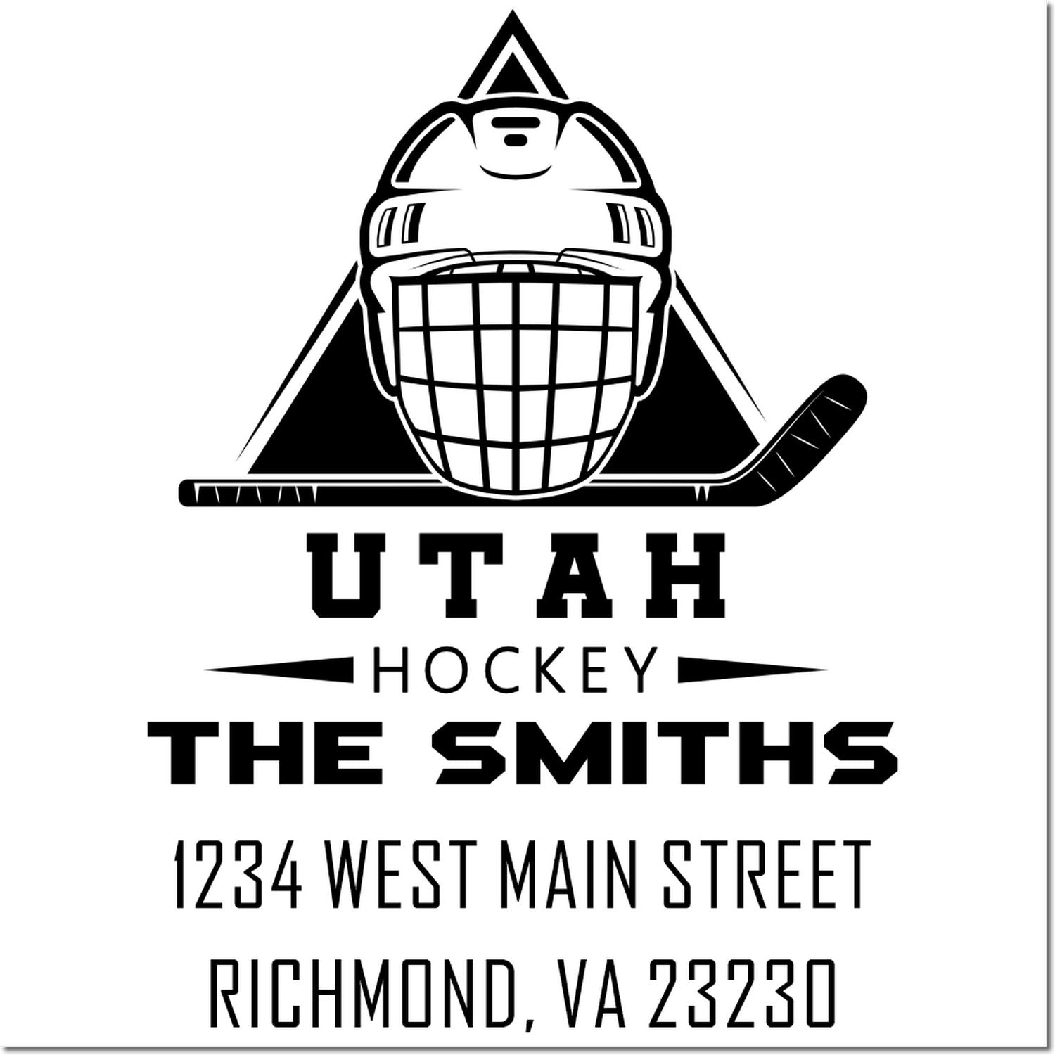 Custom Utah hockey family return address rubber stamp with goalie helmet and stick for The Smiths, Richmond, VA 23230.
